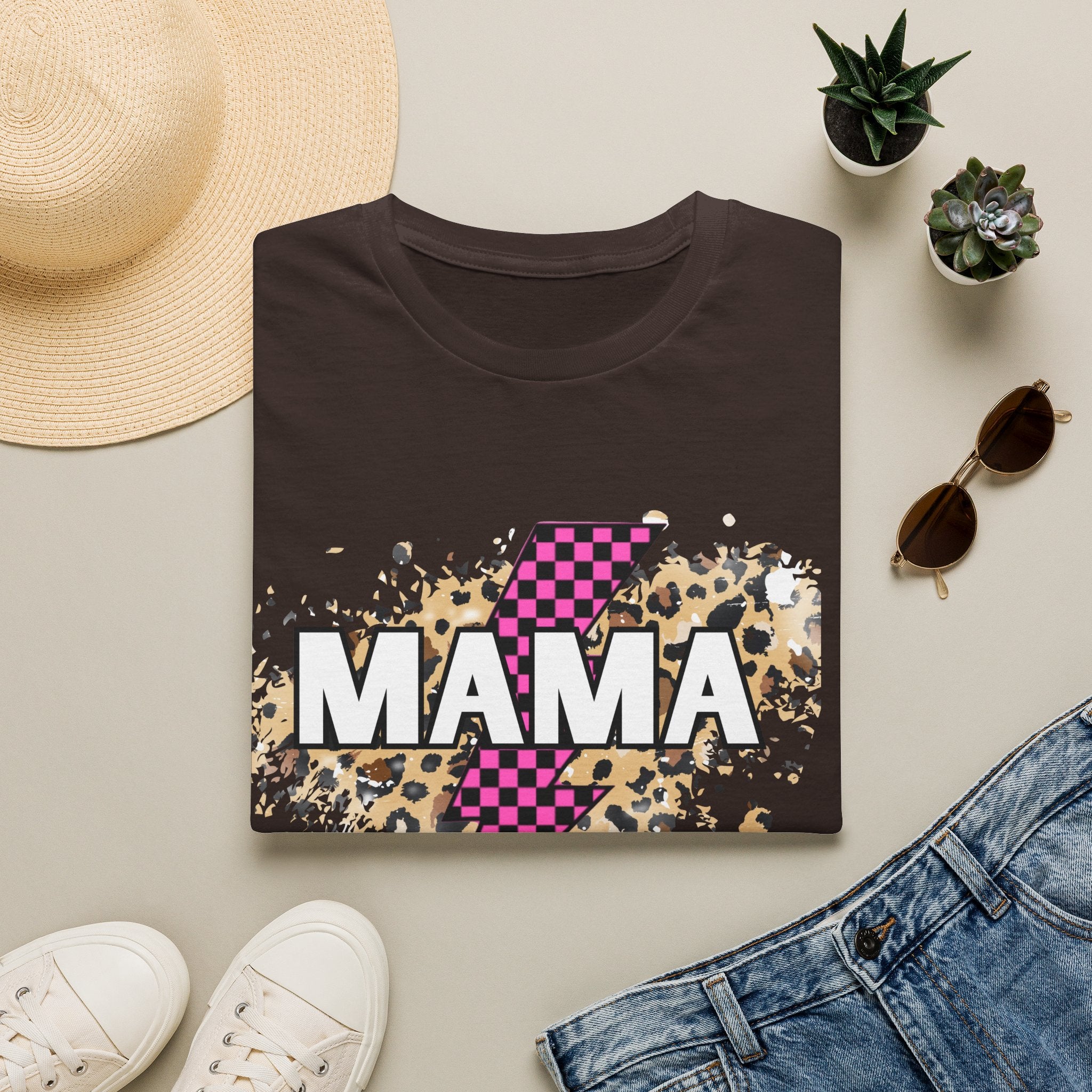 Mama Lightning Bolt Tee — Leopard & Pink Check Graphic T-Shirt for Moms