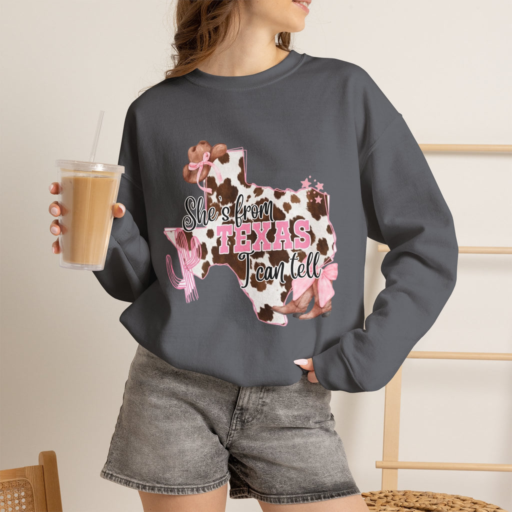 Texas Cowhide Pink Ribbon Sweatshirt - Showin' Texas Y'all Breast Cancer Awareness Crewneck