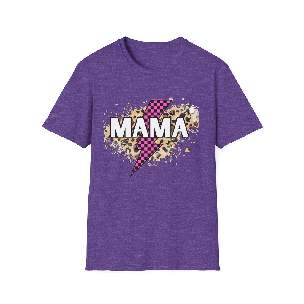 Mama Lightning Bolt Tee — Leopard & Pink Check Graphic T-Shirt for Moms