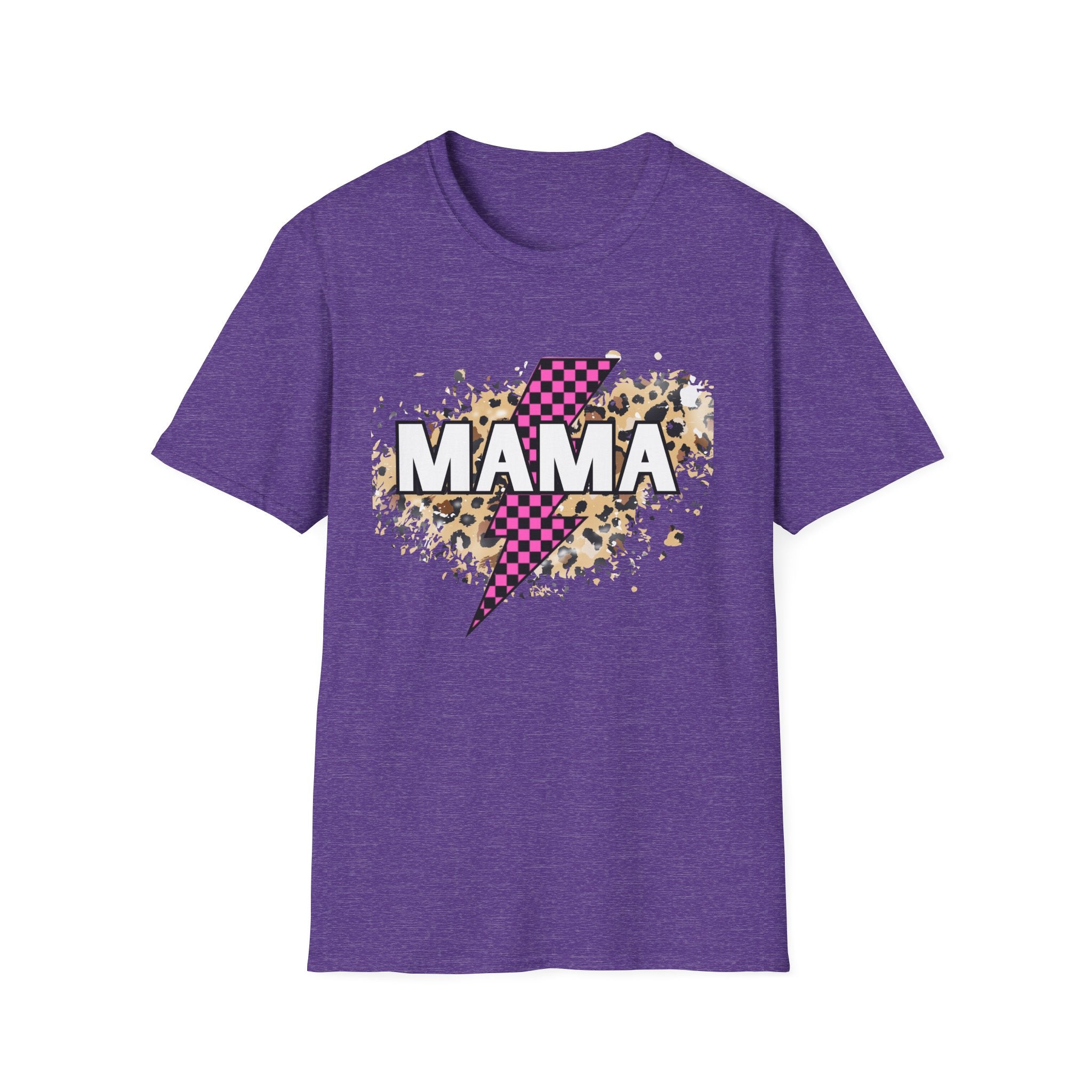Mama Lightning Bolt Tee — Leopard & Pink Check Graphic T-Shirt for Moms