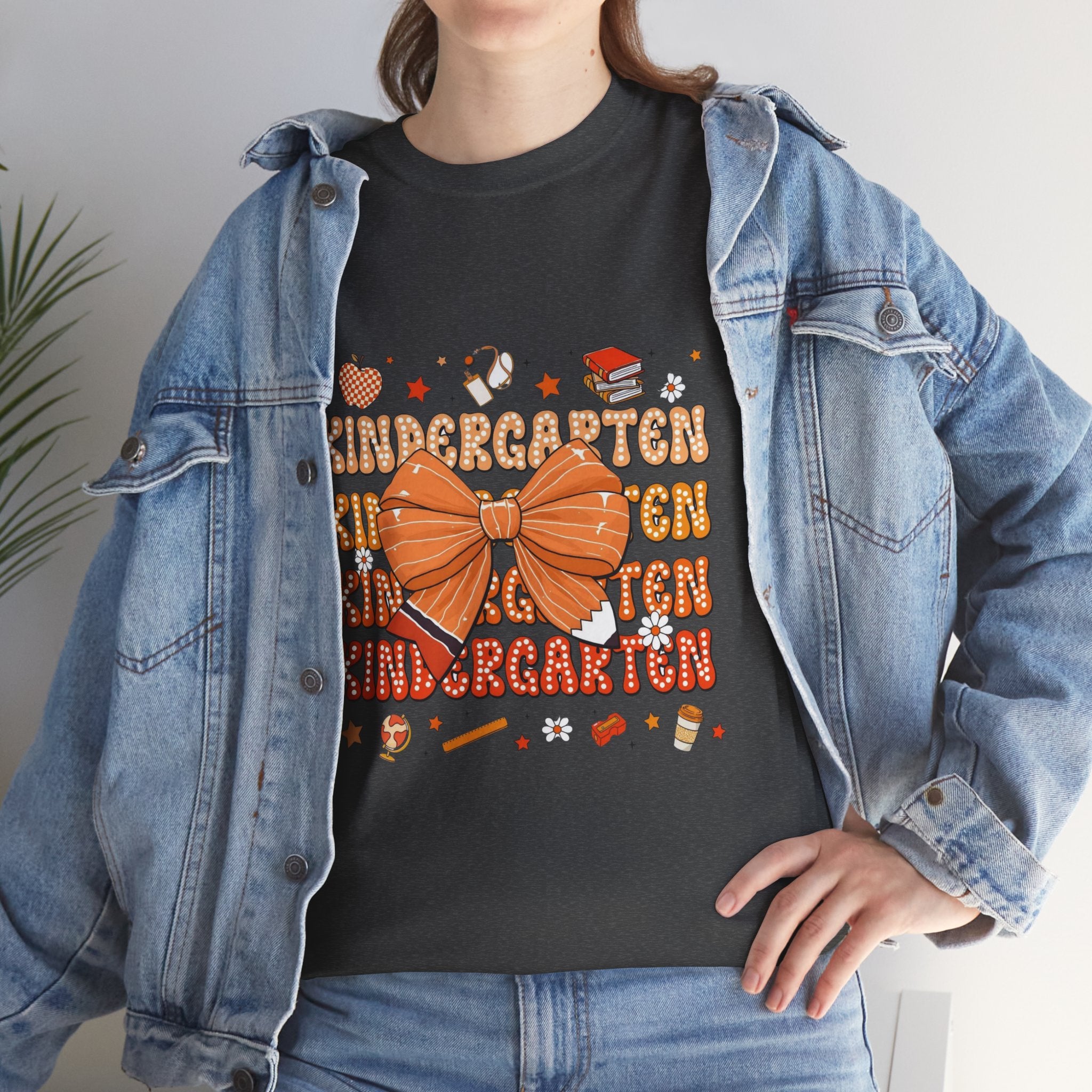 Kindergarten Teacher Bow T-Shirt – Cute Back-to-School Shirt with Orange Bow