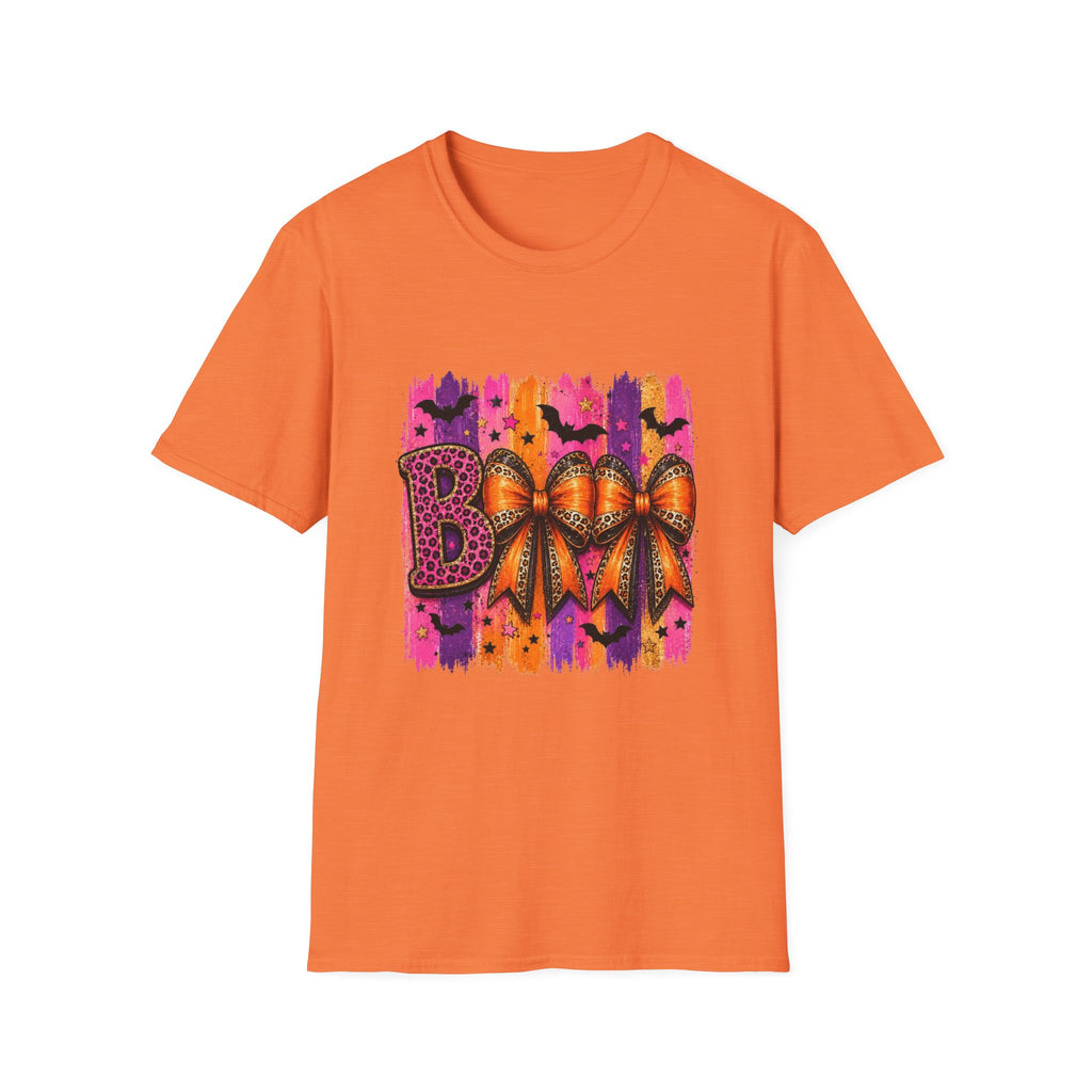 Halloween Bow T-Shirt — 'Boo' Graphic with Leopard & Bat Design