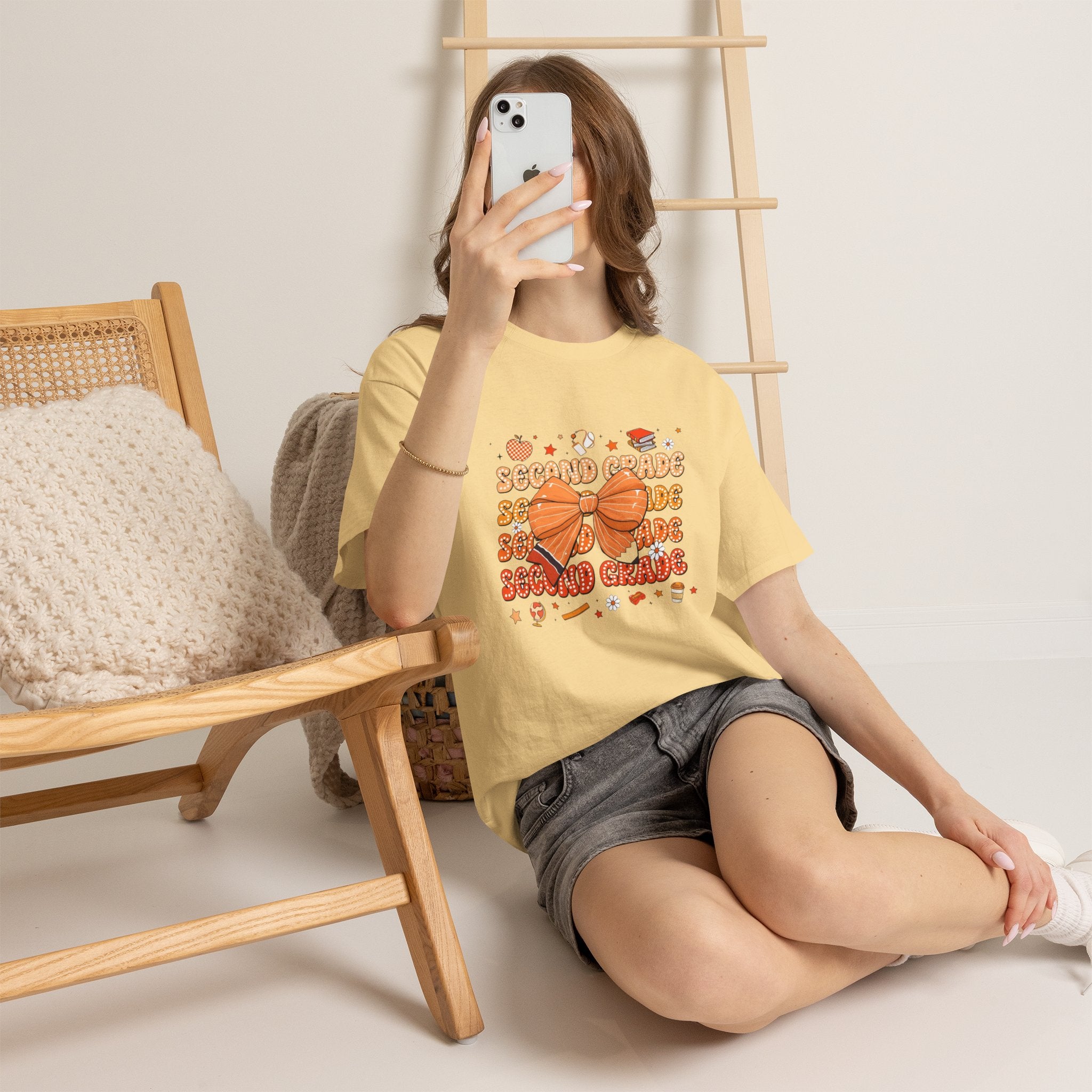 Second Grade Bow T-Shirt - Cute Orange School Teacher Kid Back to School Tee