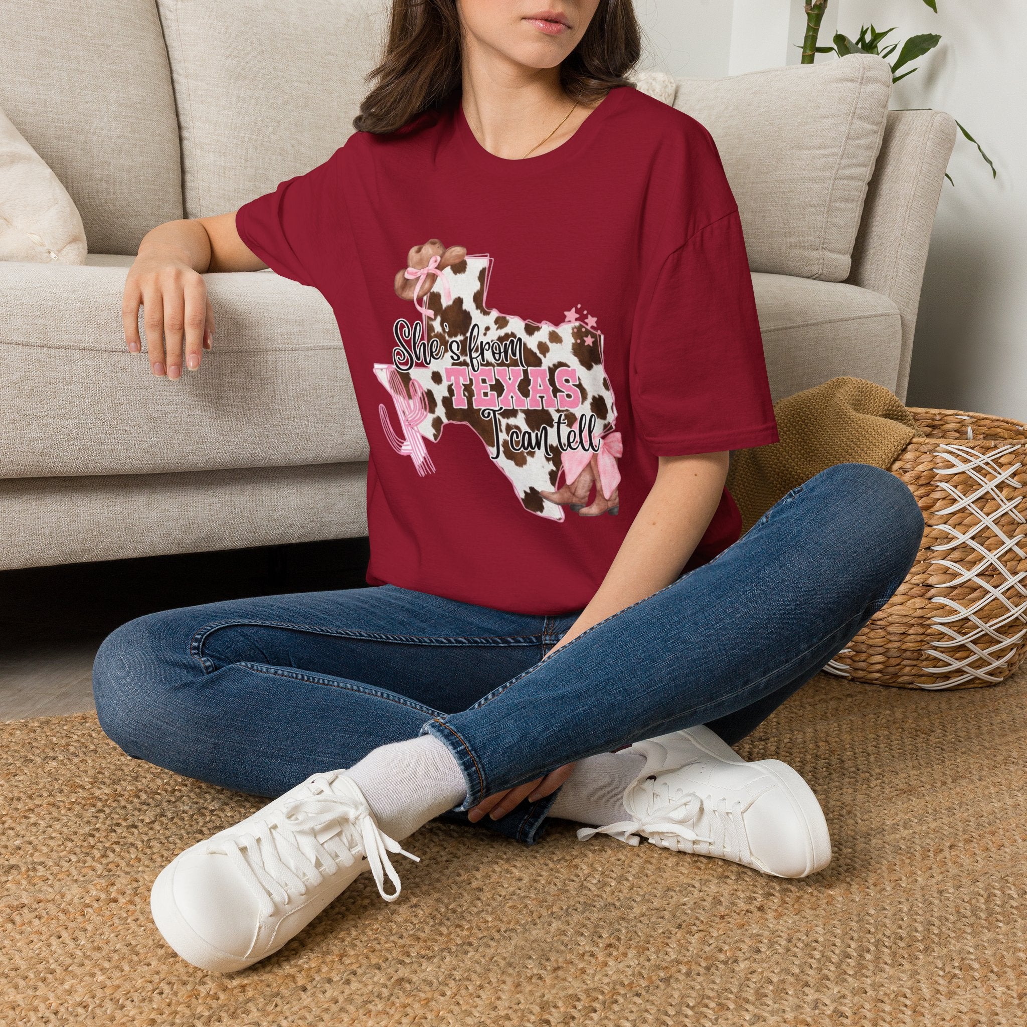 She’s From Texas Cowhide State T-Shirt — Pink Floral Lone Star Tee