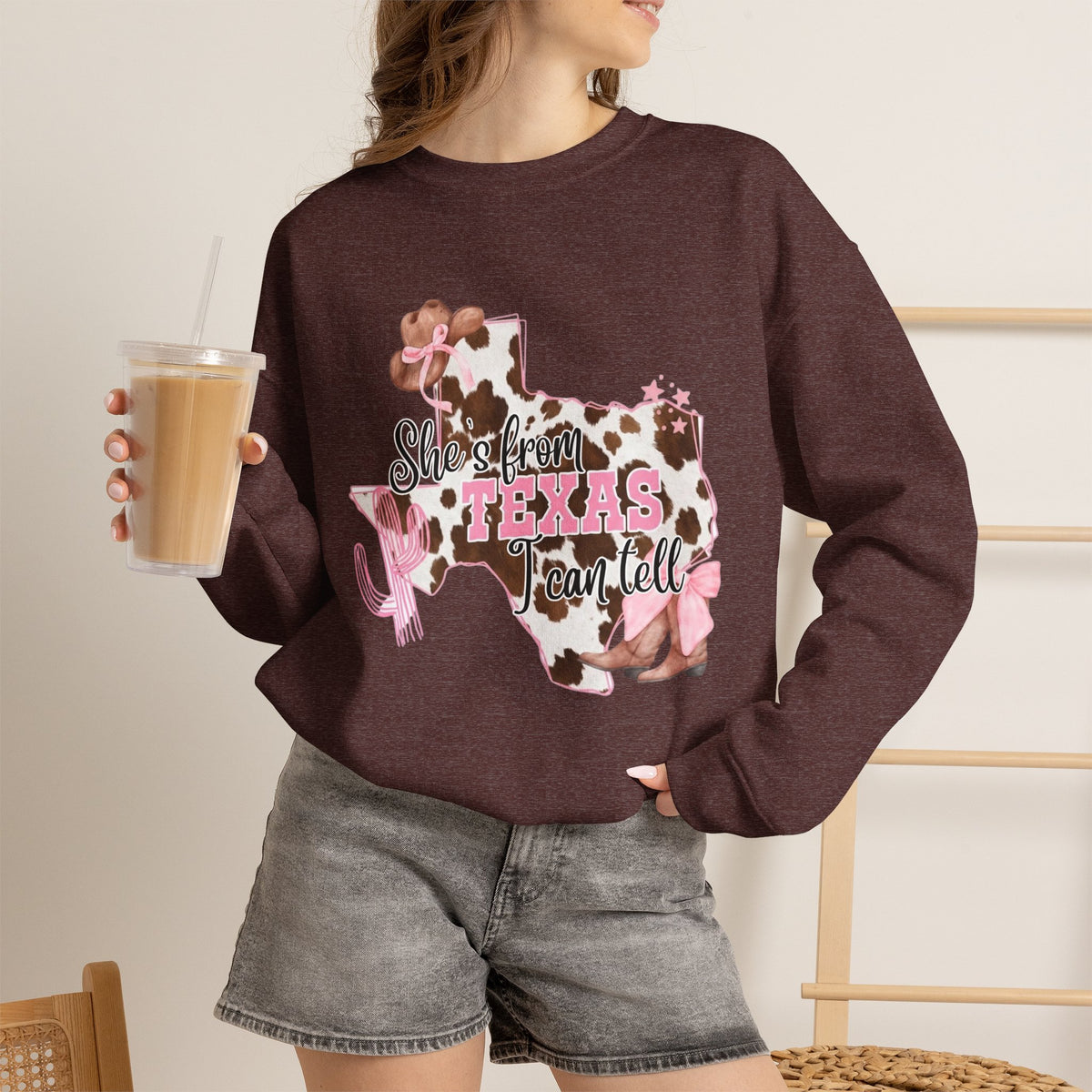 Texas Cowhide Pink Ribbon Sweatshirt - Showin' Texas Y'all Breast Cancer Awareness Crewneck