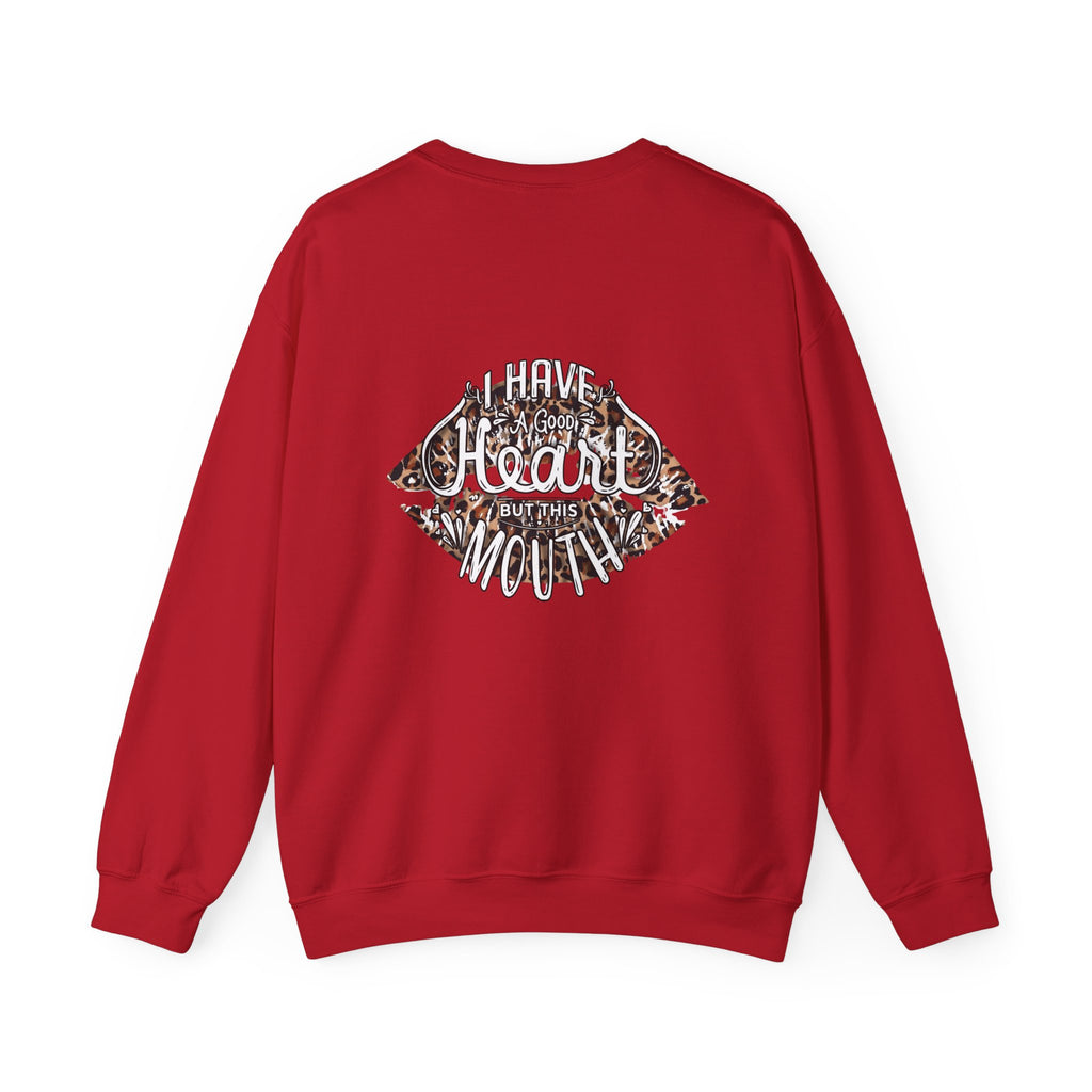 Kiss Graphic Sweatshirt — "I Have a Heart But This Mouth" Lip Print Crewneck