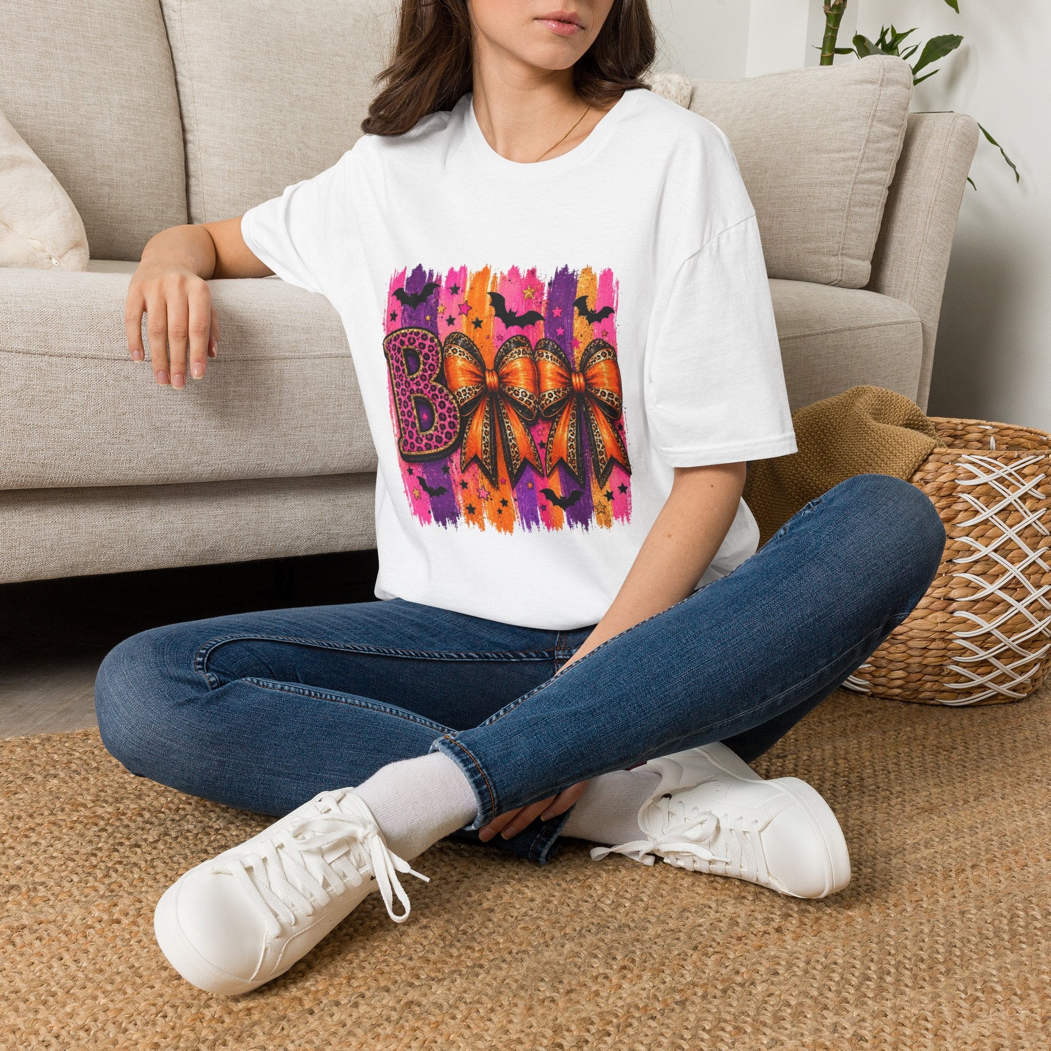 Halloween Bow T-Shirt — 'Boo' Graphic with Leopard & Bat Design