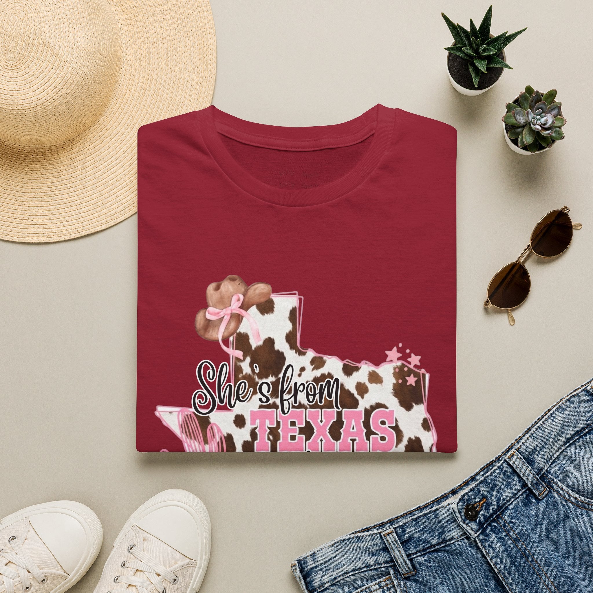 She’s From Texas Cowhide State T-Shirt — Pink Floral Lone Star Tee