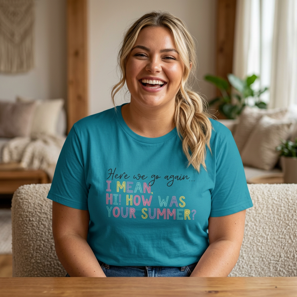T-Shirt — "Here We Go Again… I Mean Hi! How Was Your Summer?" Playful Pastel Summer Reunion Tee