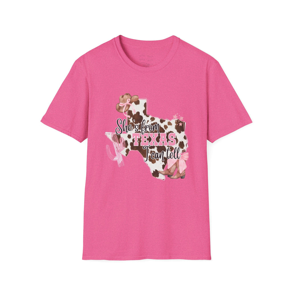 She’s From Texas Cowhide State T-Shirt — Pink Floral Lone Star Tee