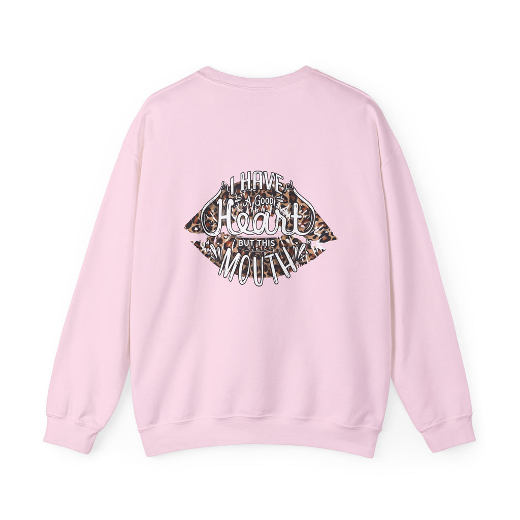 Kiss Graphic Sweatshirt — "I Have a Heart But This Mouth" Lip Print Crewneck