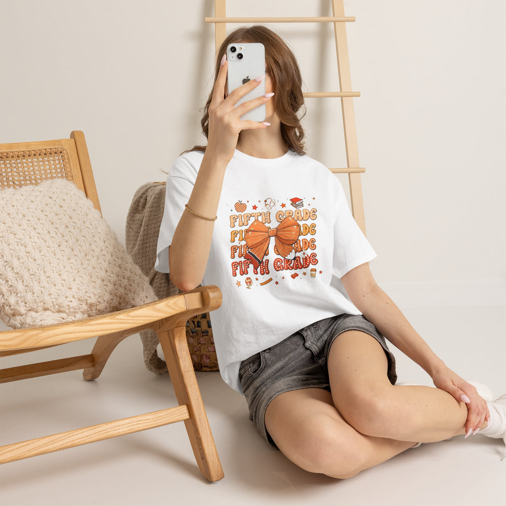 Fifth Grade Bow T-Shirt — Cute Orange School Graduation Tee for Kids