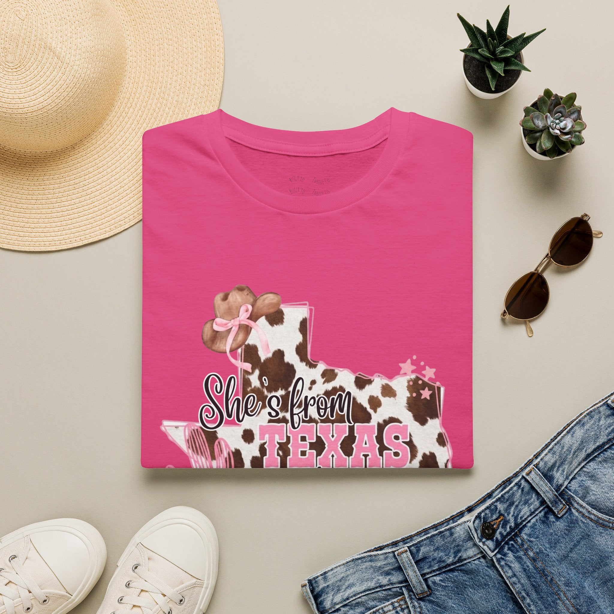 She’s From Texas Cowhide State T-Shirt — Pink Floral Lone Star Tee
