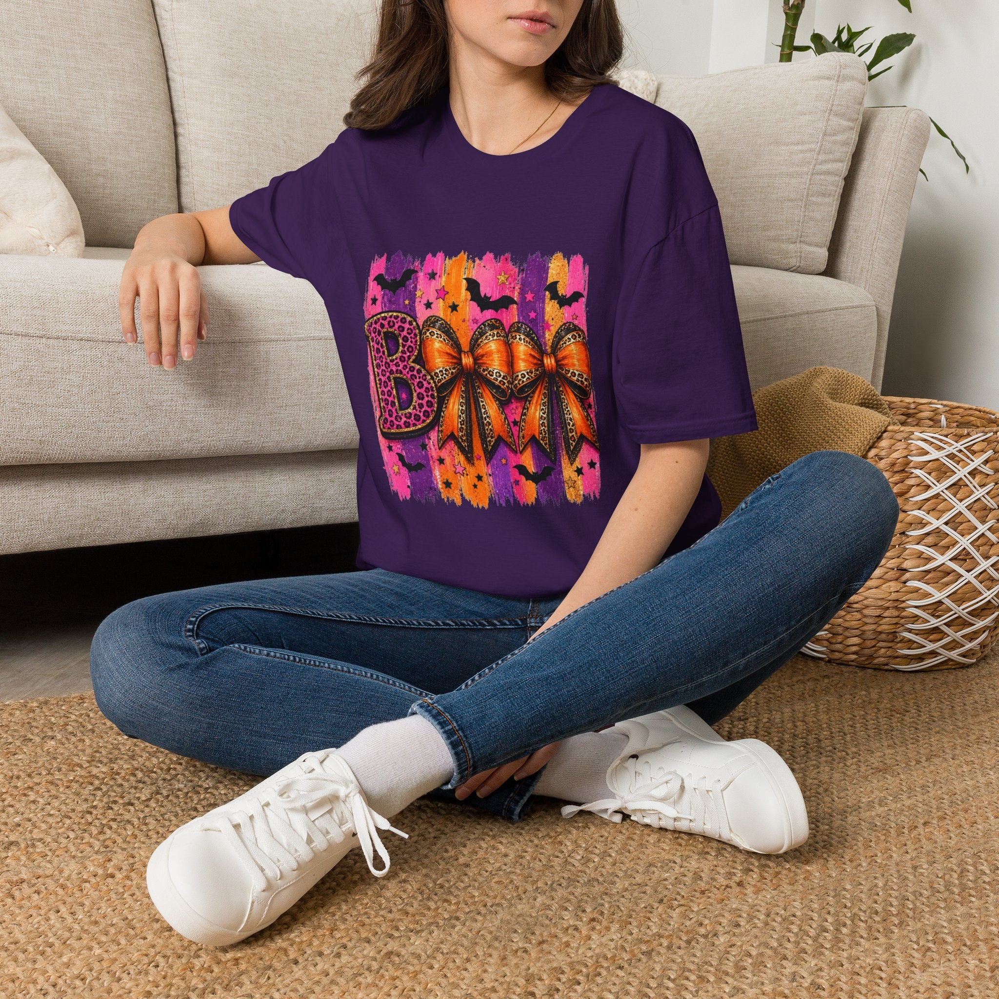 Halloween Bow T-Shirt — 'Boo' Graphic with Leopard & Bat Design