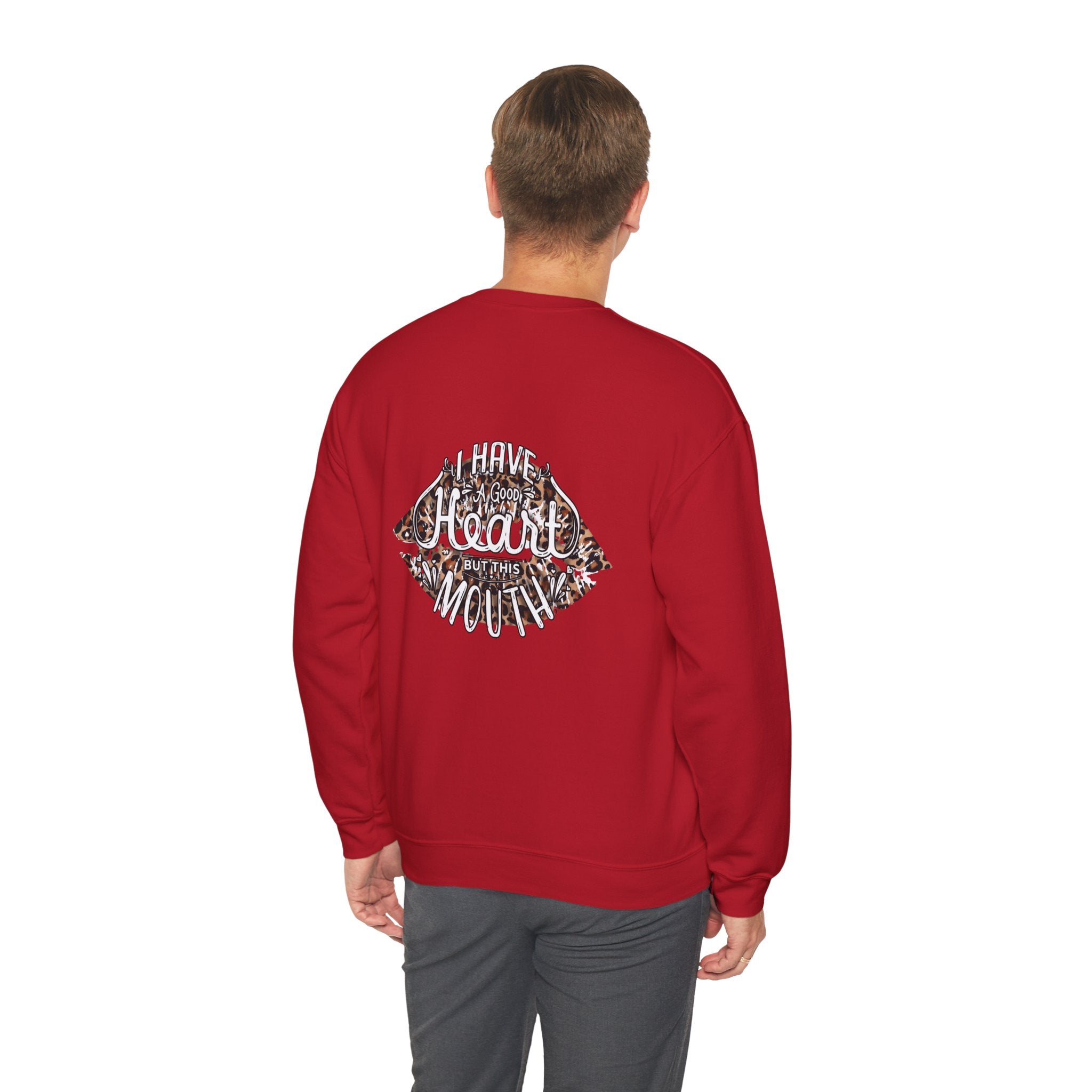 Kiss Graphic Sweatshirt — "I Have a Heart But This Mouth" Lip Print Crewneck