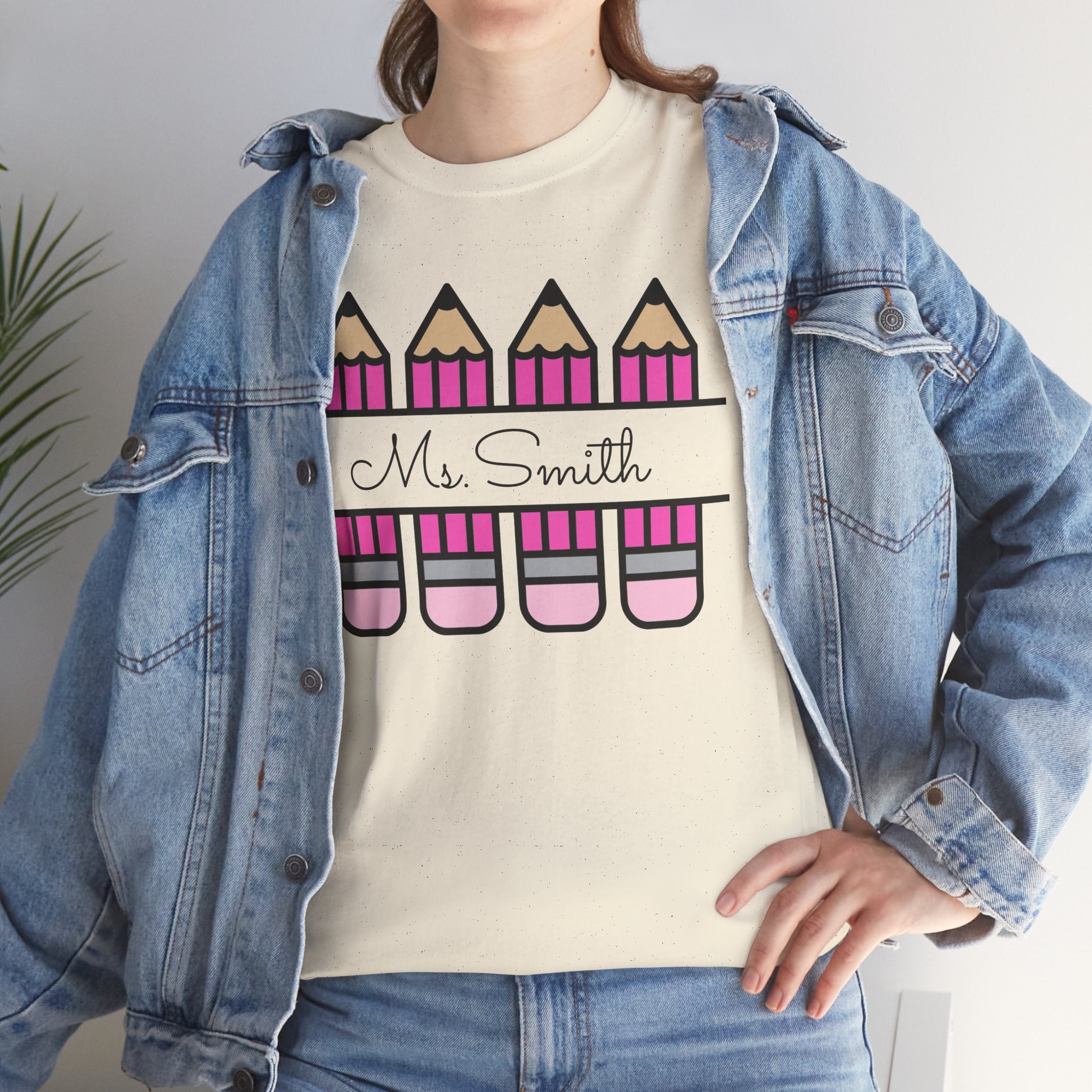 Pink Pencil Name Teacher Tee | Personalized Classroom Shirt