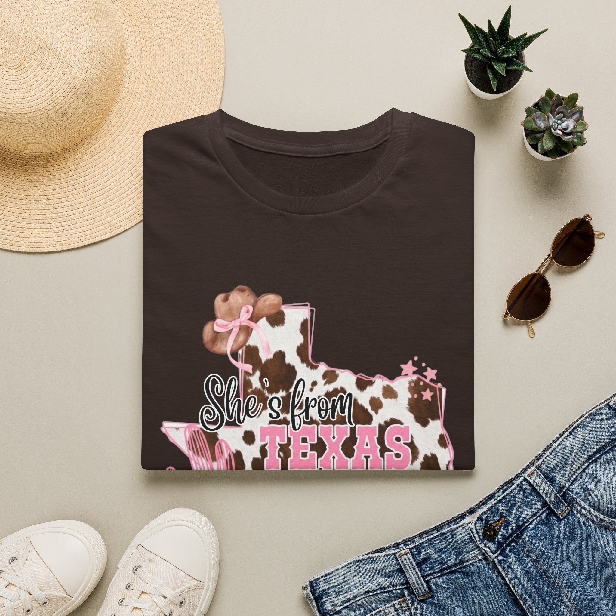 She’s From Texas Cowhide State T-Shirt — Pink Floral Lone Star Tee