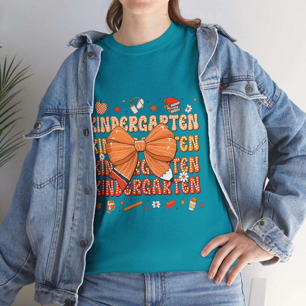Kindergarten Teacher Bow T-Shirt – Cute Back-to-School Shirt with Orange Bow