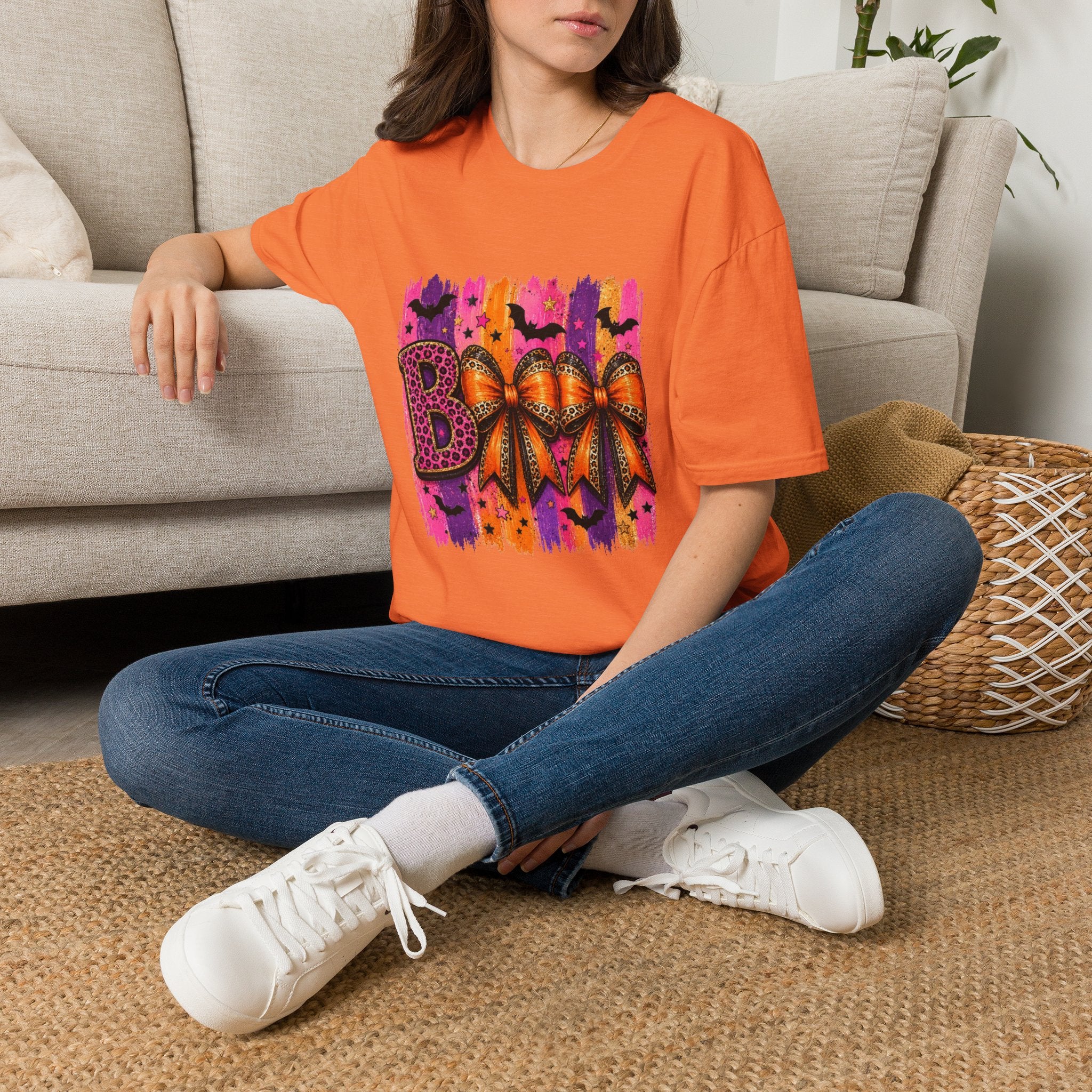 Halloween Bow T-Shirt — 'Boo' Graphic with Leopard & Bat Design