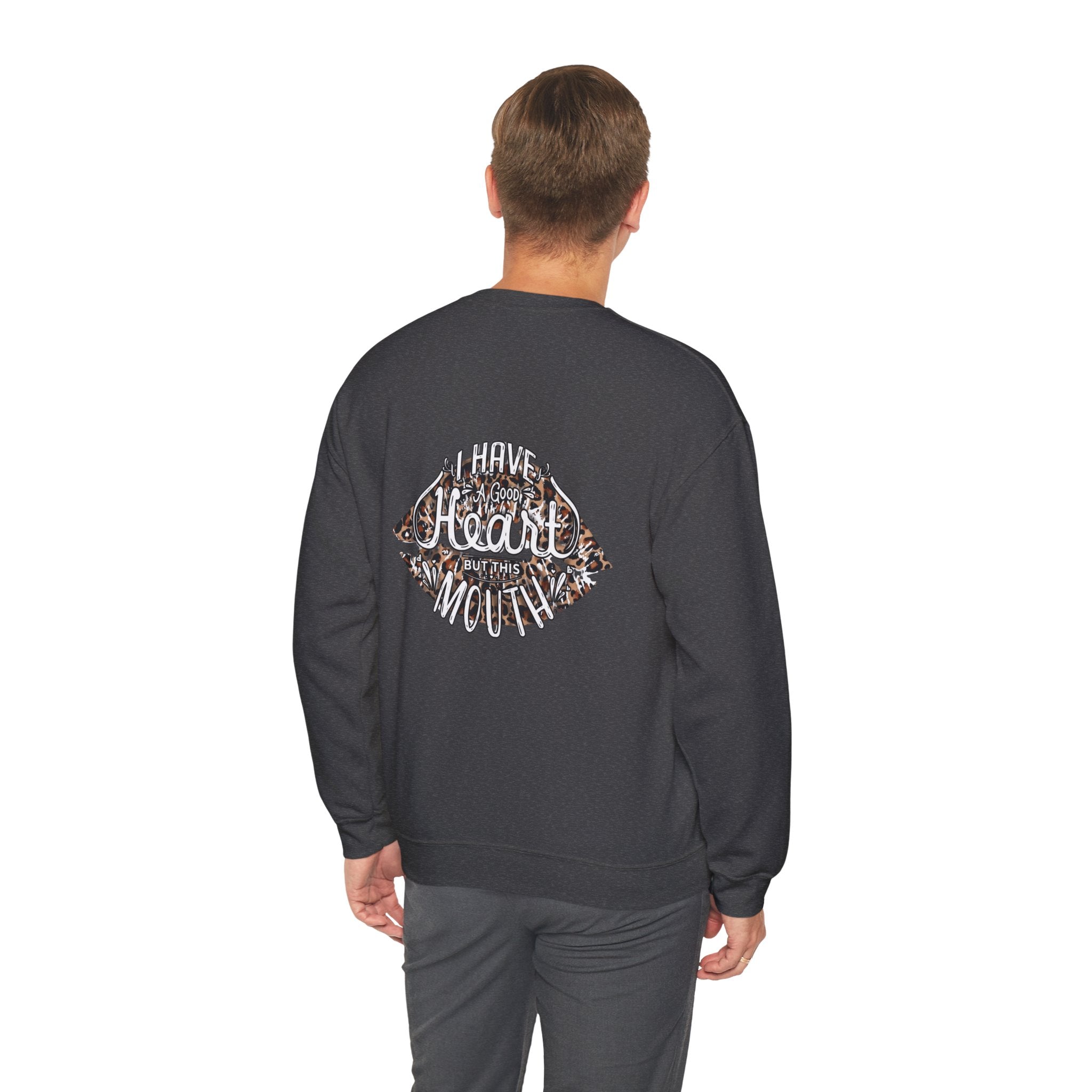 Kiss Graphic Sweatshirt — "I Have a Heart But This Mouth" Lip Print Crewneck