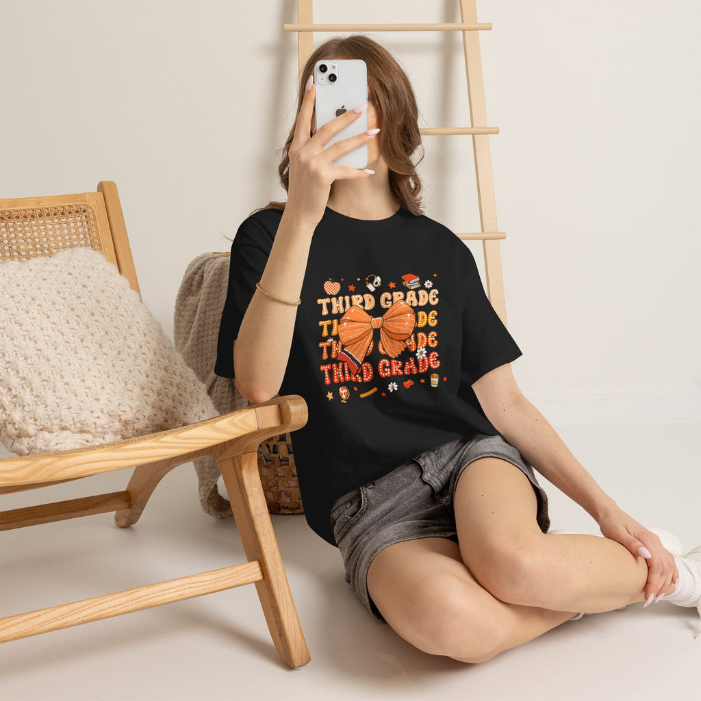 Third Grade Teacher Bow T‑Shirt — Cute Orange Back-to-School Tee
