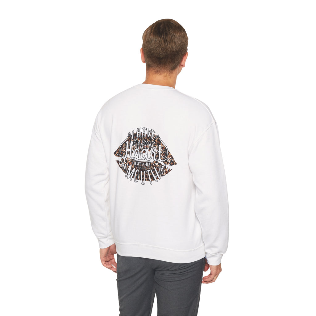 Kiss Graphic Sweatshirt — "I Have a Heart But This Mouth" Lip Print Crewneck