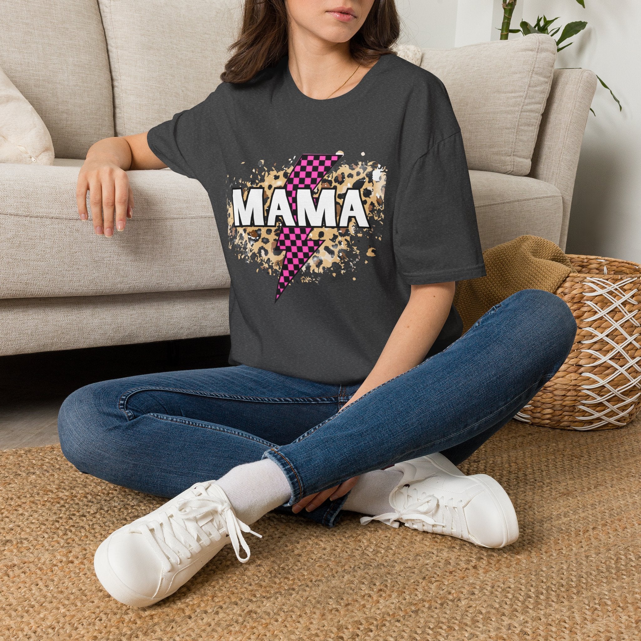 Mama Lightning Bolt Tee — Leopard & Pink Check Graphic T-Shirt for Moms