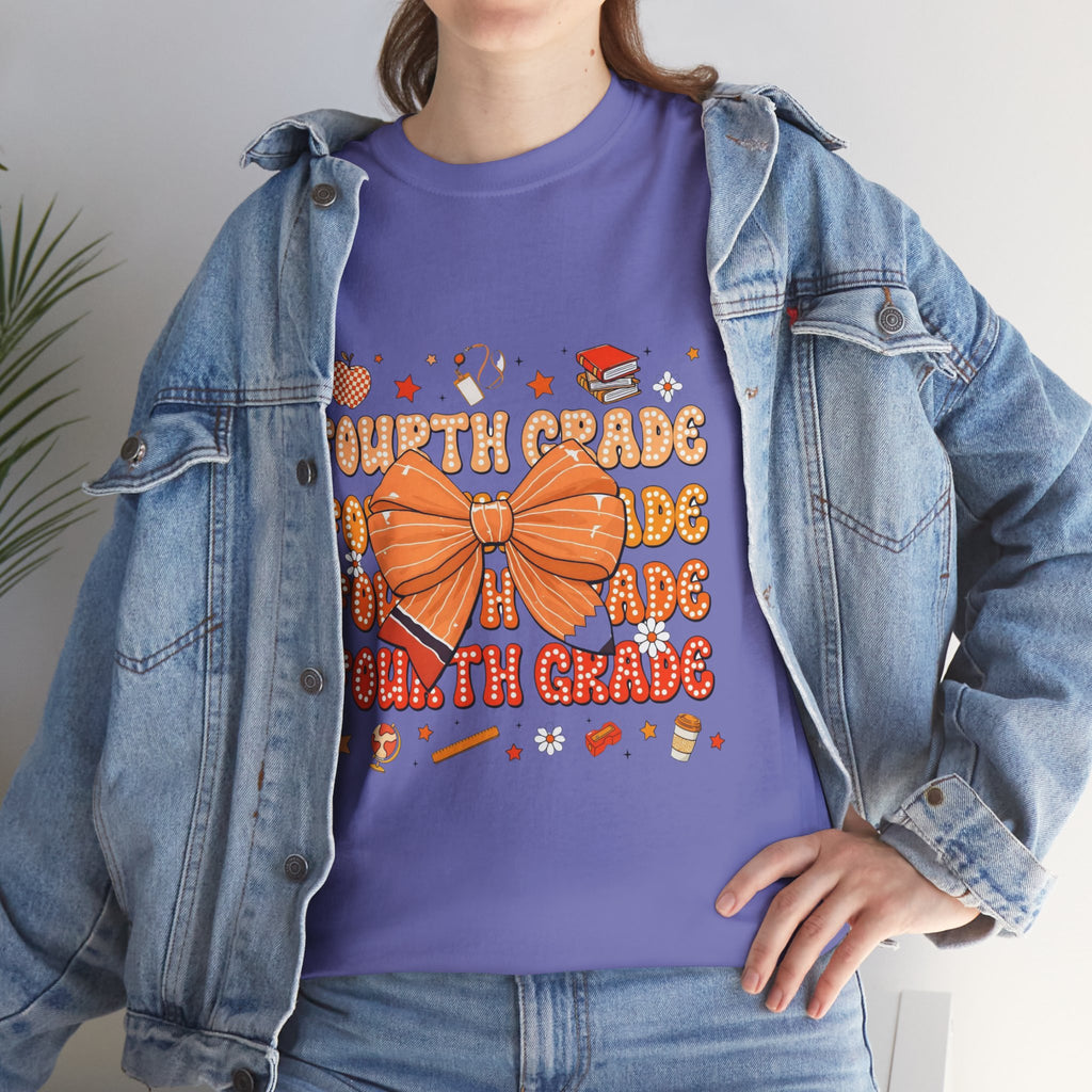 Fourth Grade Bow T-Shirt — Cute Orange School Teacher/Student Tee