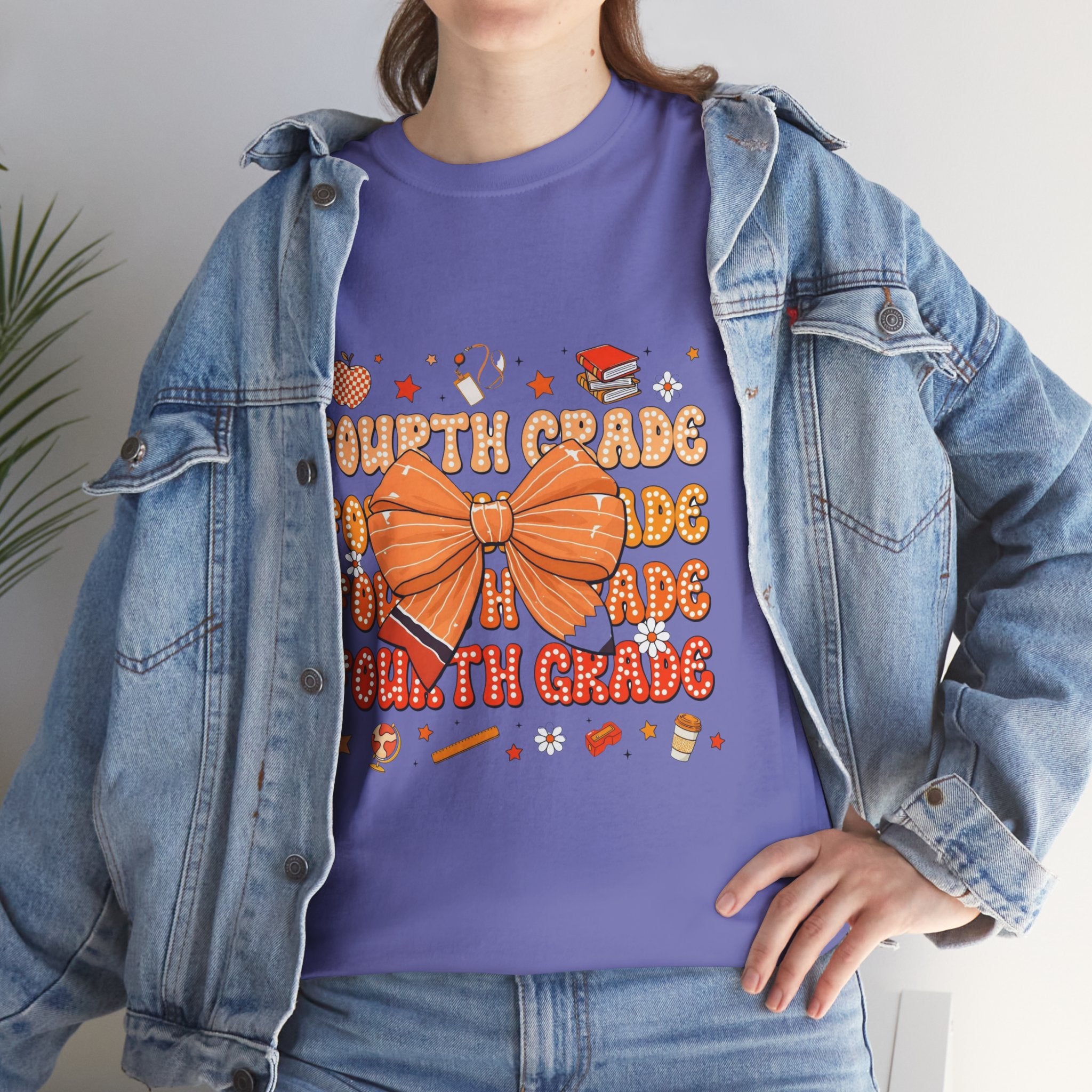 Fourth Grade Bow T-Shirt — Cute Orange School Teacher/Student Tee