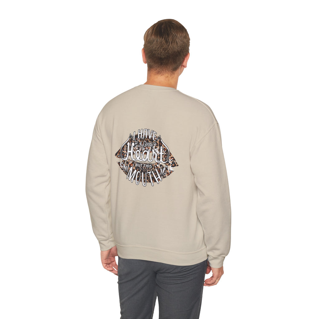 Kiss Graphic Sweatshirt — "I Have a Heart But This Mouth" Lip Print Crewneck