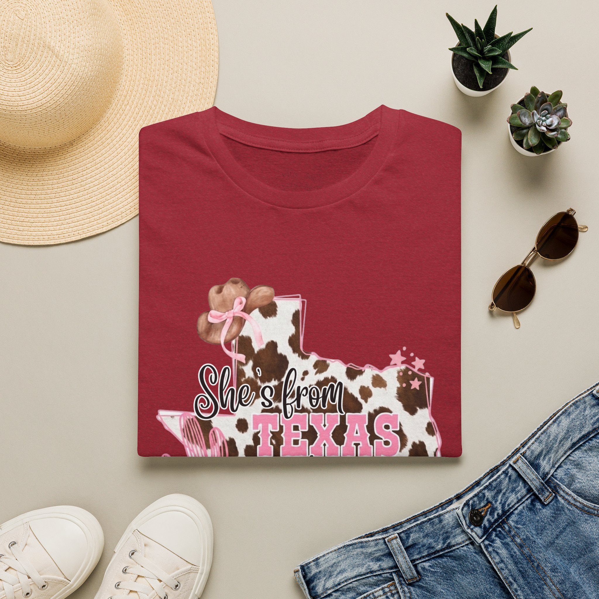 She’s From Texas Cowhide State T-Shirt — Pink Floral Lone Star Tee