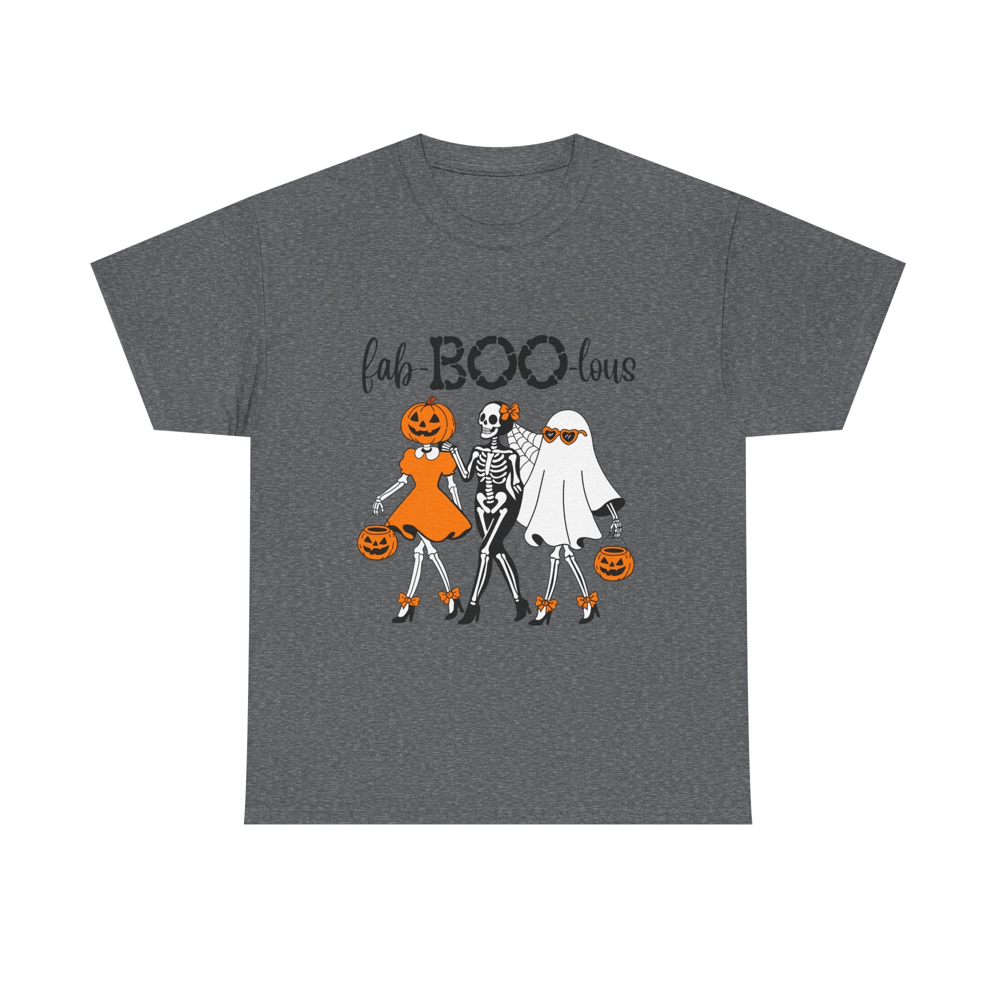 Fab-BOO-lous Halloween Tee — Cute Skeleton, Pumpkin & Ghost Trio Shirt