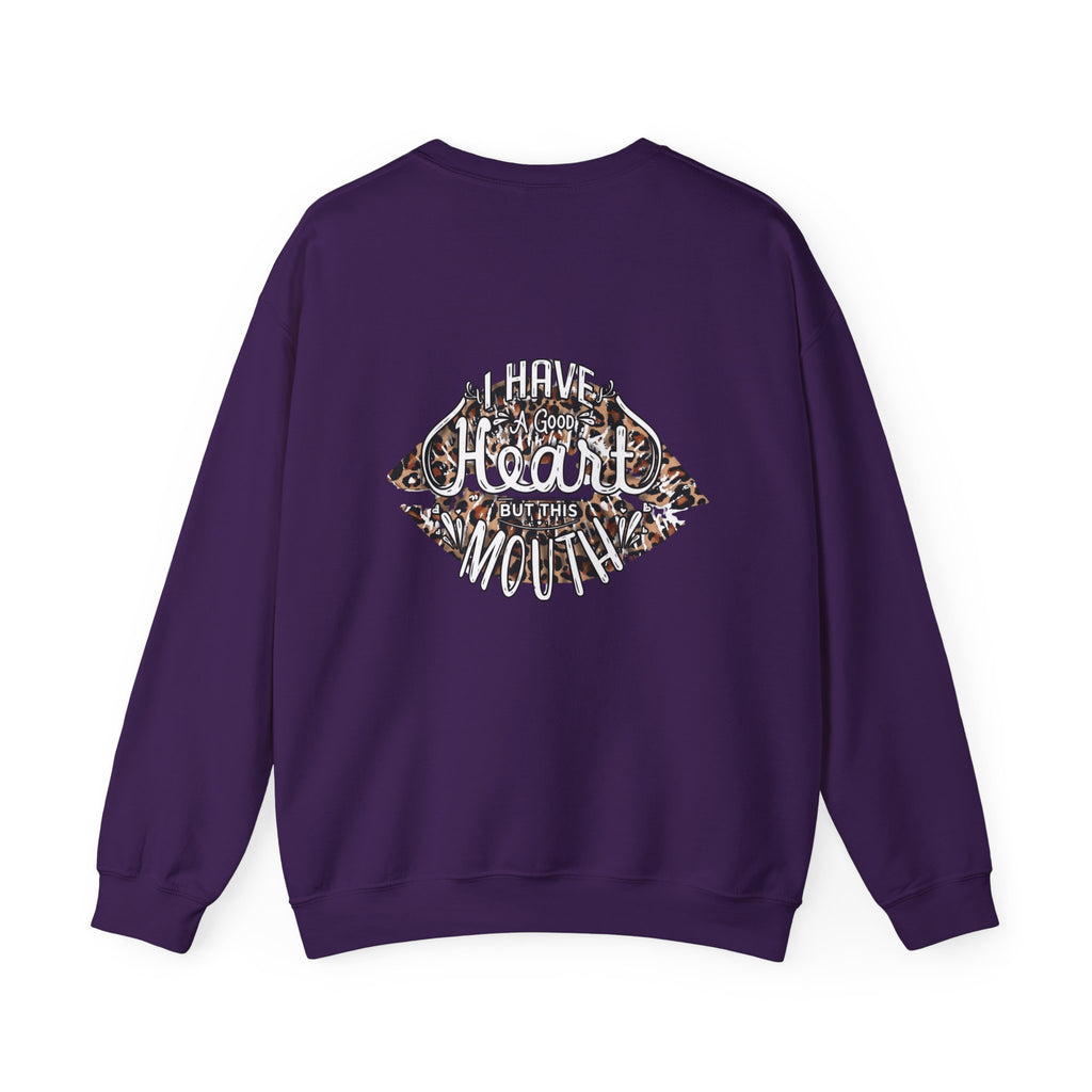 Kiss Graphic Sweatshirt — "I Have a Heart But This Mouth" Lip Print Crewneck