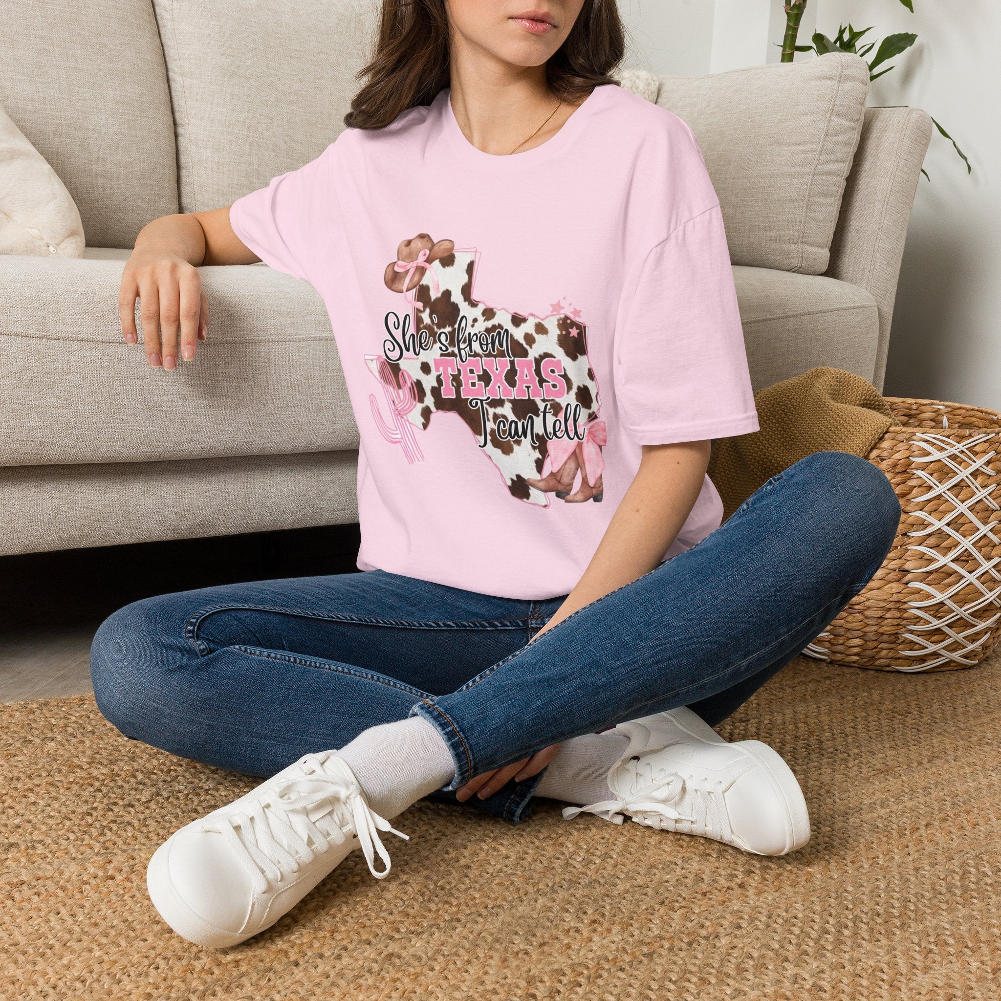 She’s From Texas Cowhide State T-Shirt — Pink Floral Lone Star Tee