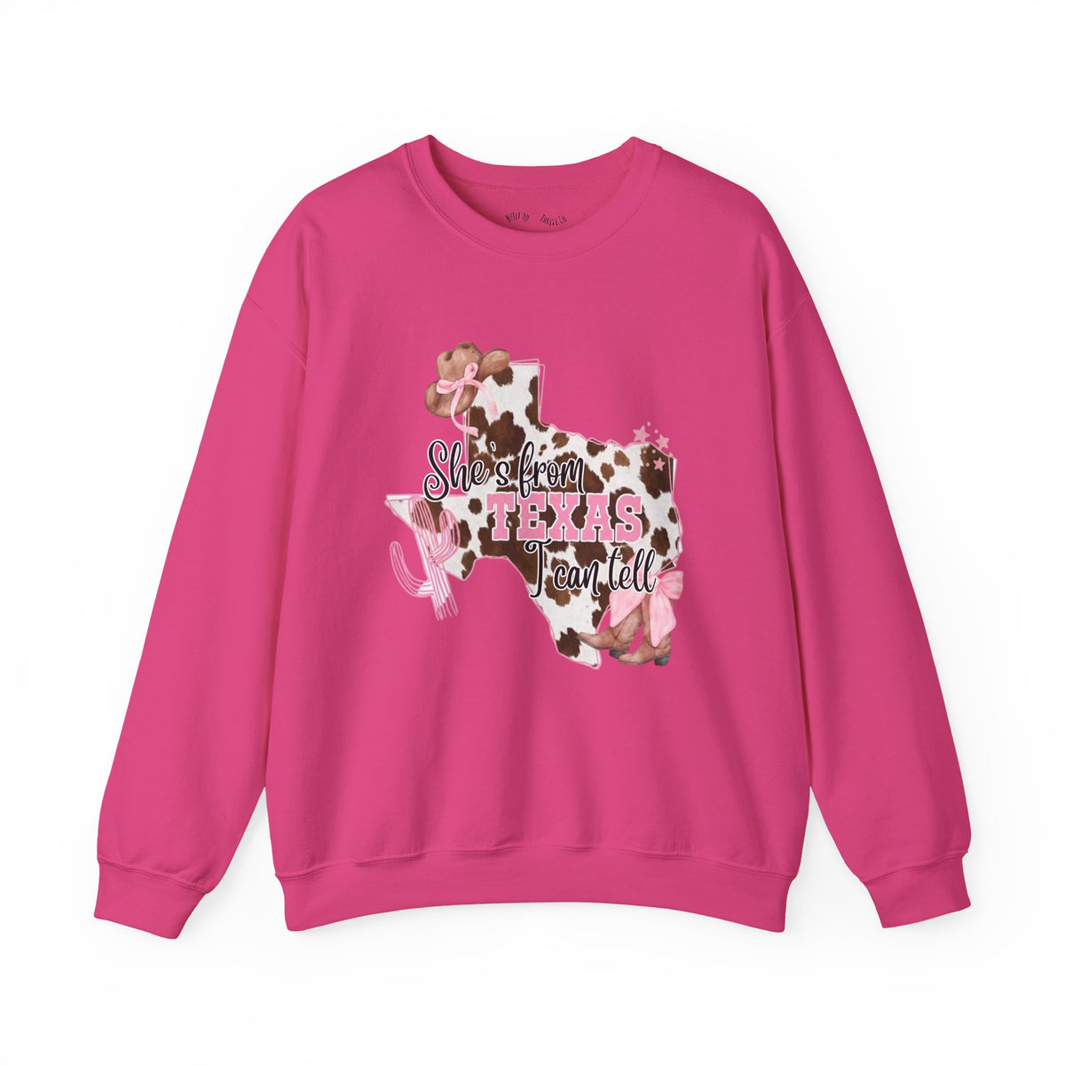 Texas Cowhide Pink Ribbon Sweatshirt - Showin' Texas Y'all Breast Cancer Awareness Crewneck
