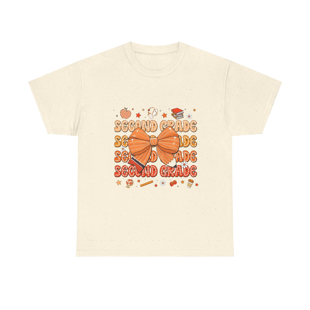 Second Grade Bow T-Shirt - Cute Orange School Teacher Kid Back to School Tee