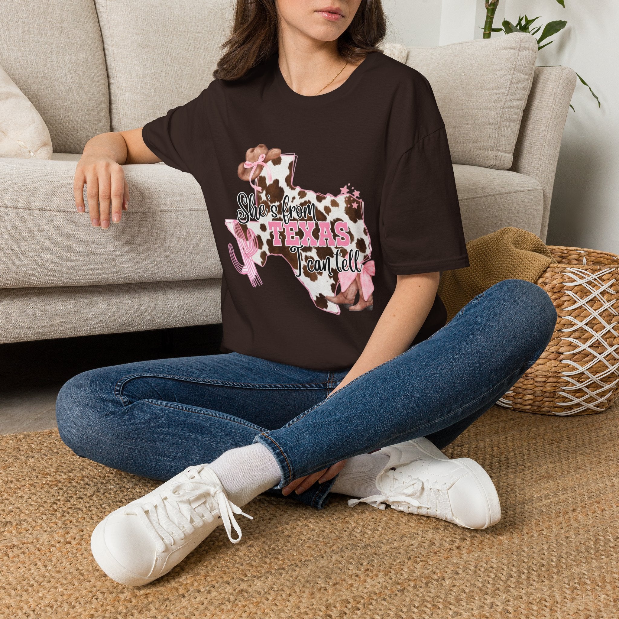 She’s From Texas Cowhide State T-Shirt — Pink Floral Lone Star Tee