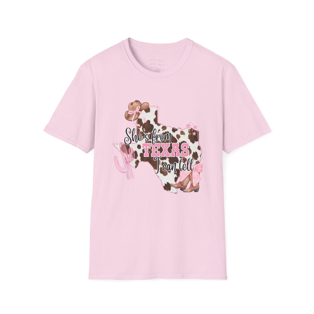 She’s From Texas Cowhide State T-Shirt — Pink Floral Lone Star Tee