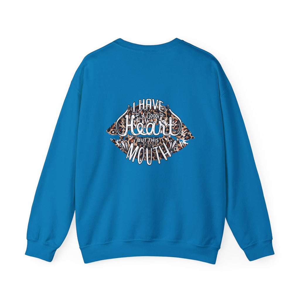 Kiss Graphic Sweatshirt — "I Have a Heart But This Mouth" Lip Print Crewneck