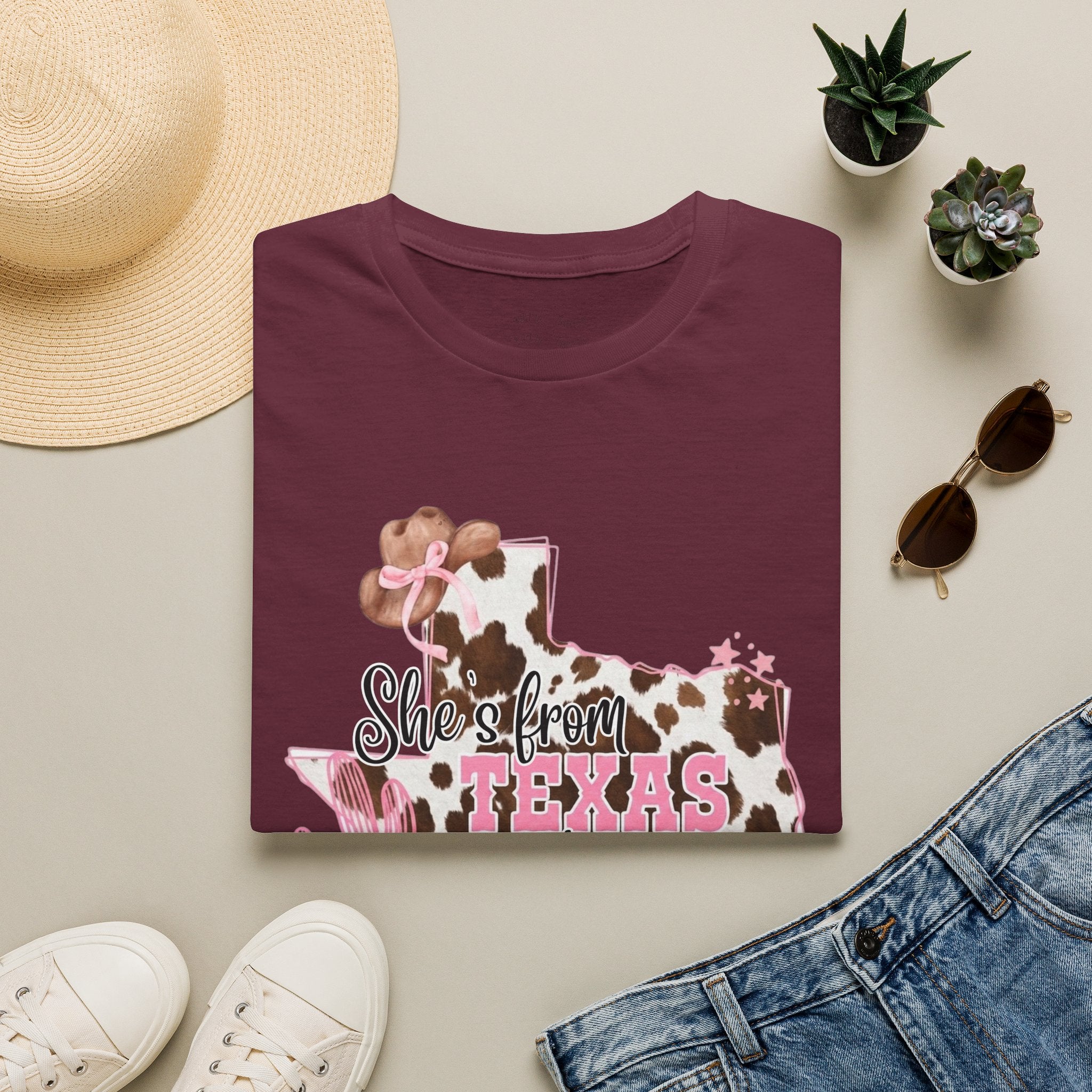 She’s From Texas Cowhide State T-Shirt — Pink Floral Lone Star Tee