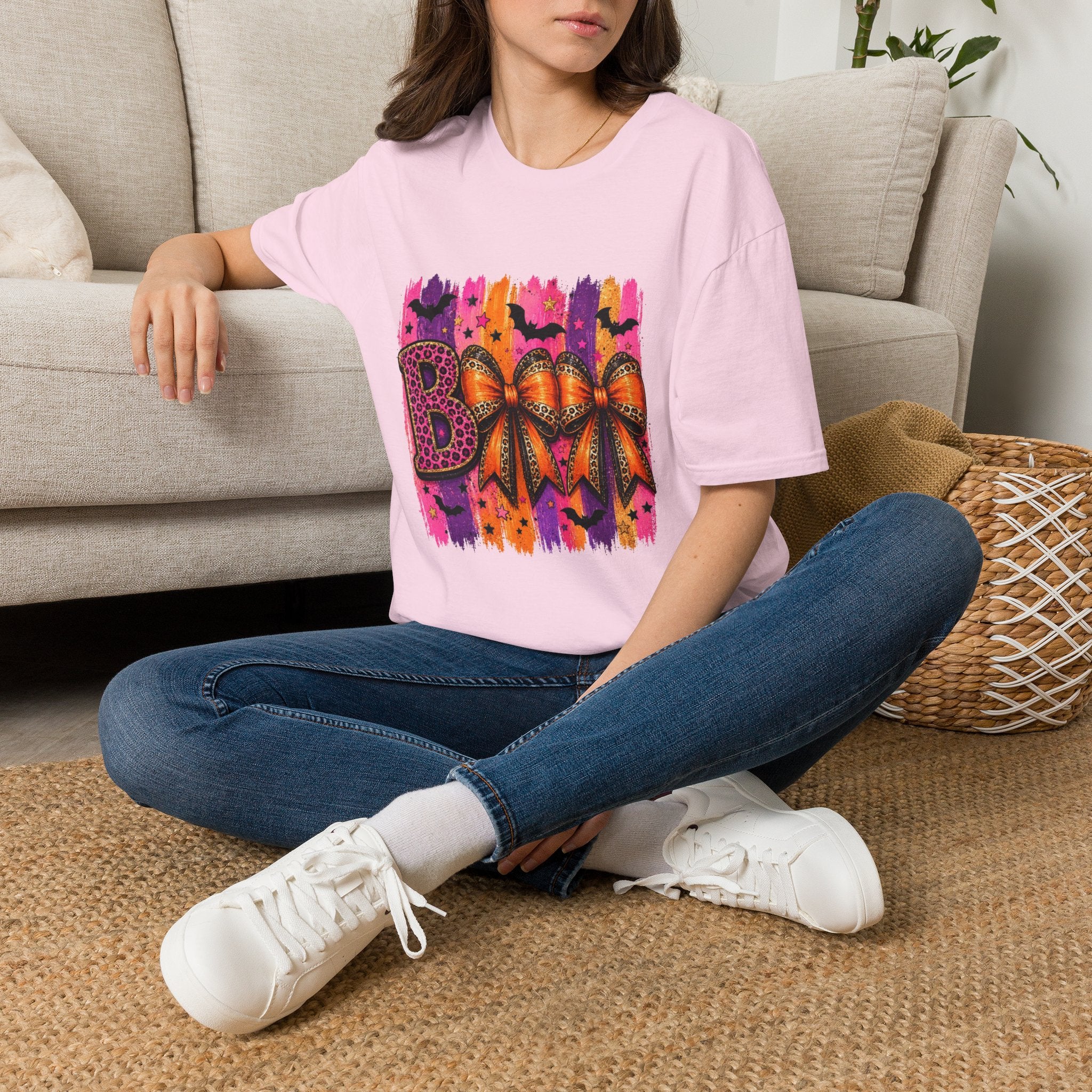 Halloween Bow T-Shirt — 'Boo' Graphic with Leopard & Bat Design