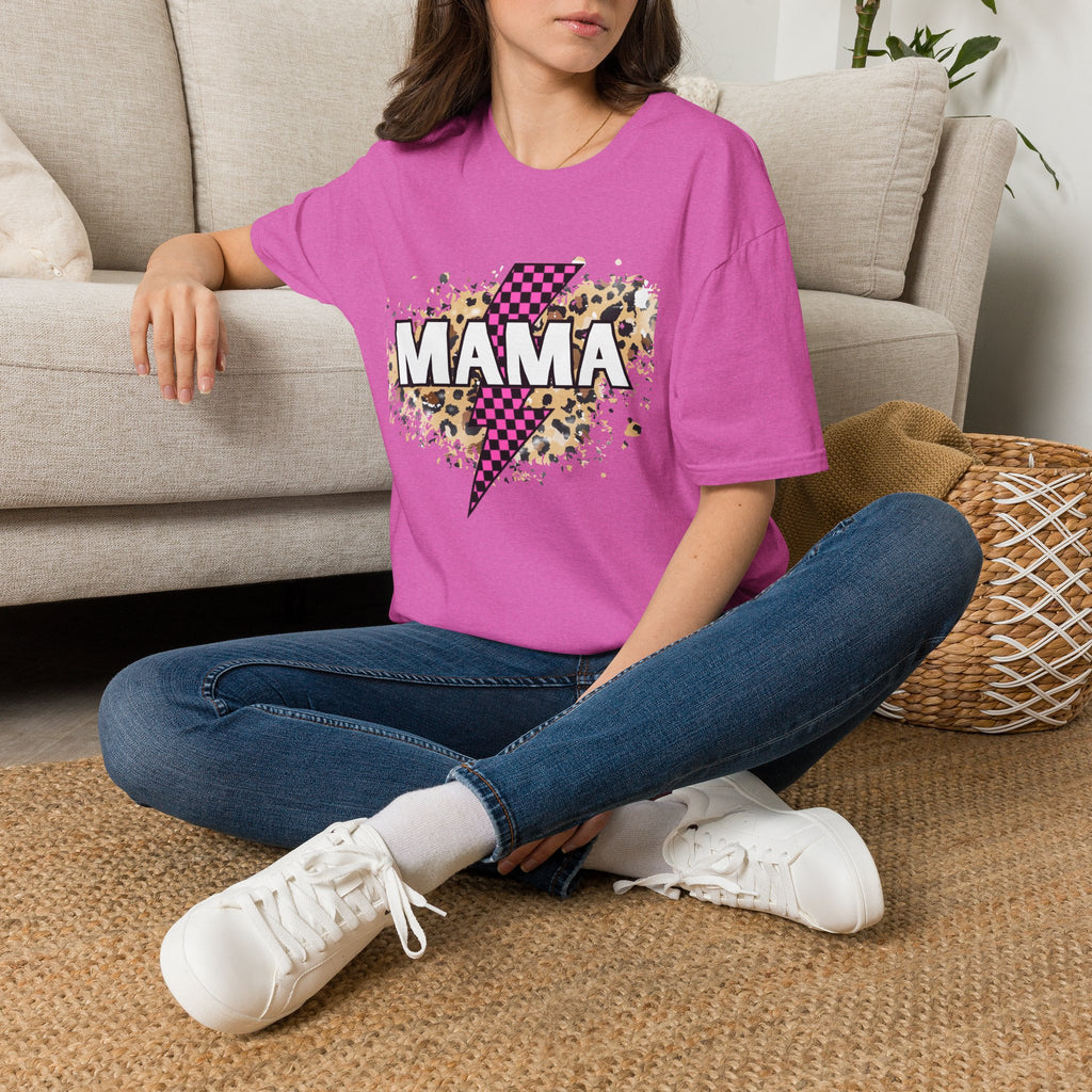Mama Lightning Bolt Tee — Leopard & Pink Check Graphic T-Shirt for Moms