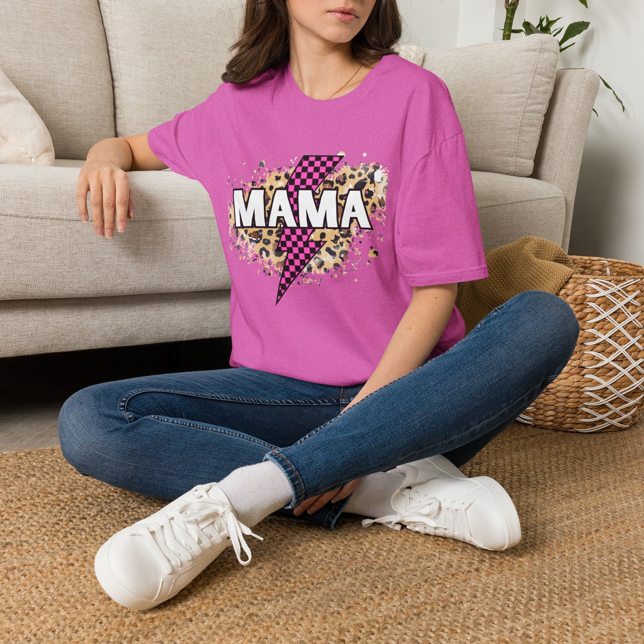 Mama Lightning Bolt Tee — Leopard & Pink Check Graphic T-Shirt for Moms