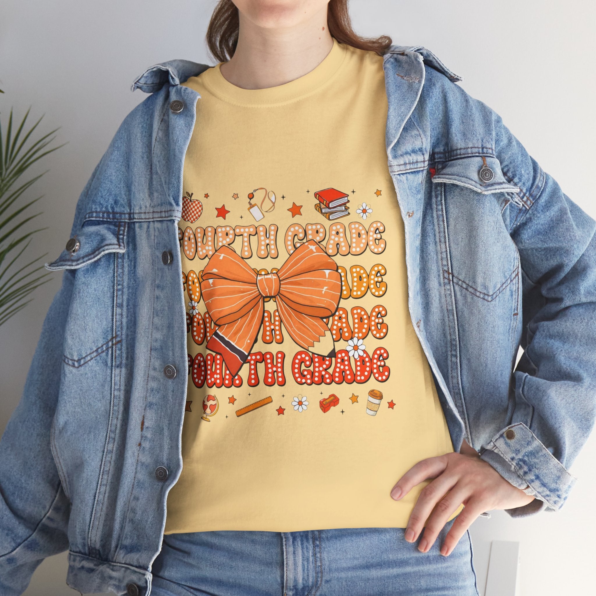 Fourth Grade Bow T-Shirt — Cute Orange School Teacher/Student Tee