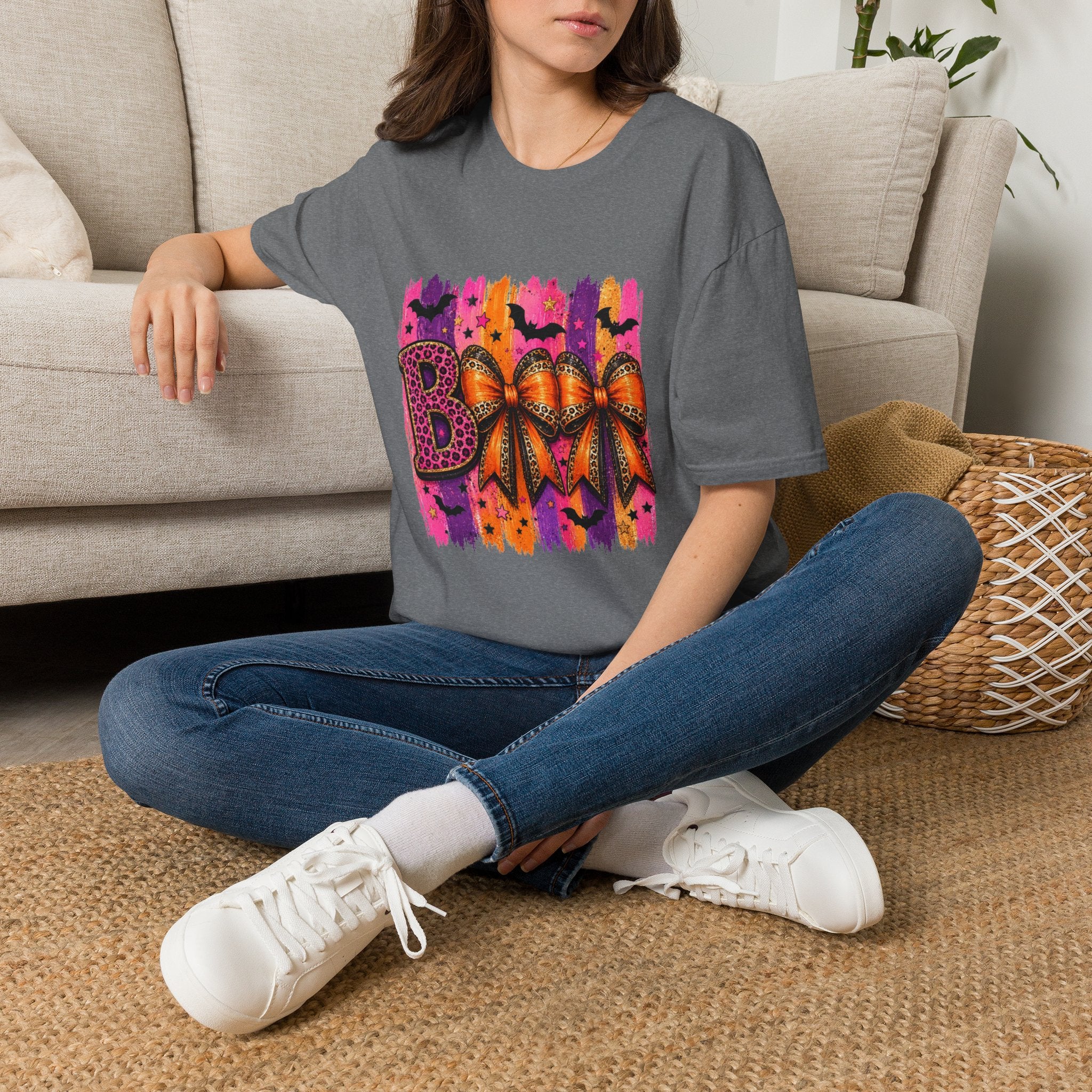 Halloween Bow T-Shirt — 'Boo' Graphic with Leopard & Bat Design