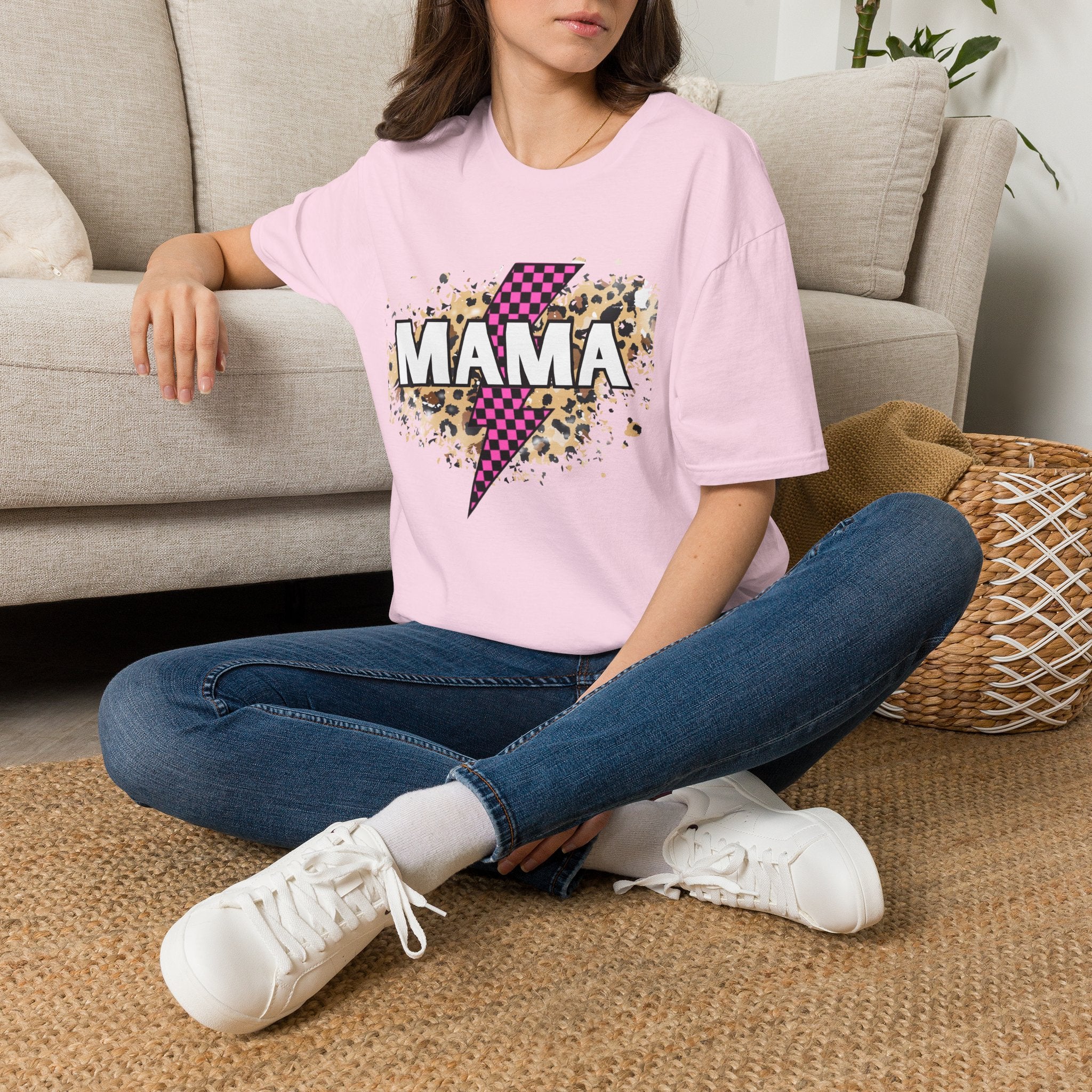 Mama Lightning Bolt Tee — Leopard & Pink Check Graphic T-Shirt for Moms