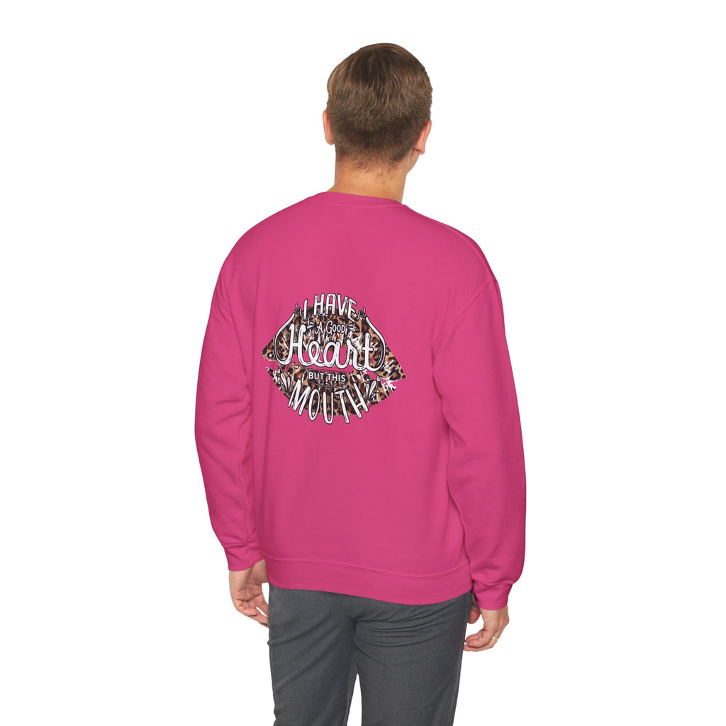 Kiss Graphic Sweatshirt — "I Have a Heart But This Mouth" Lip Print Crewneck