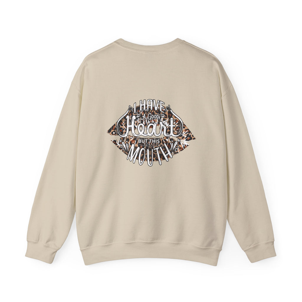 Kiss Graphic Sweatshirt — "I Have a Heart But This Mouth" Lip Print Crewneck