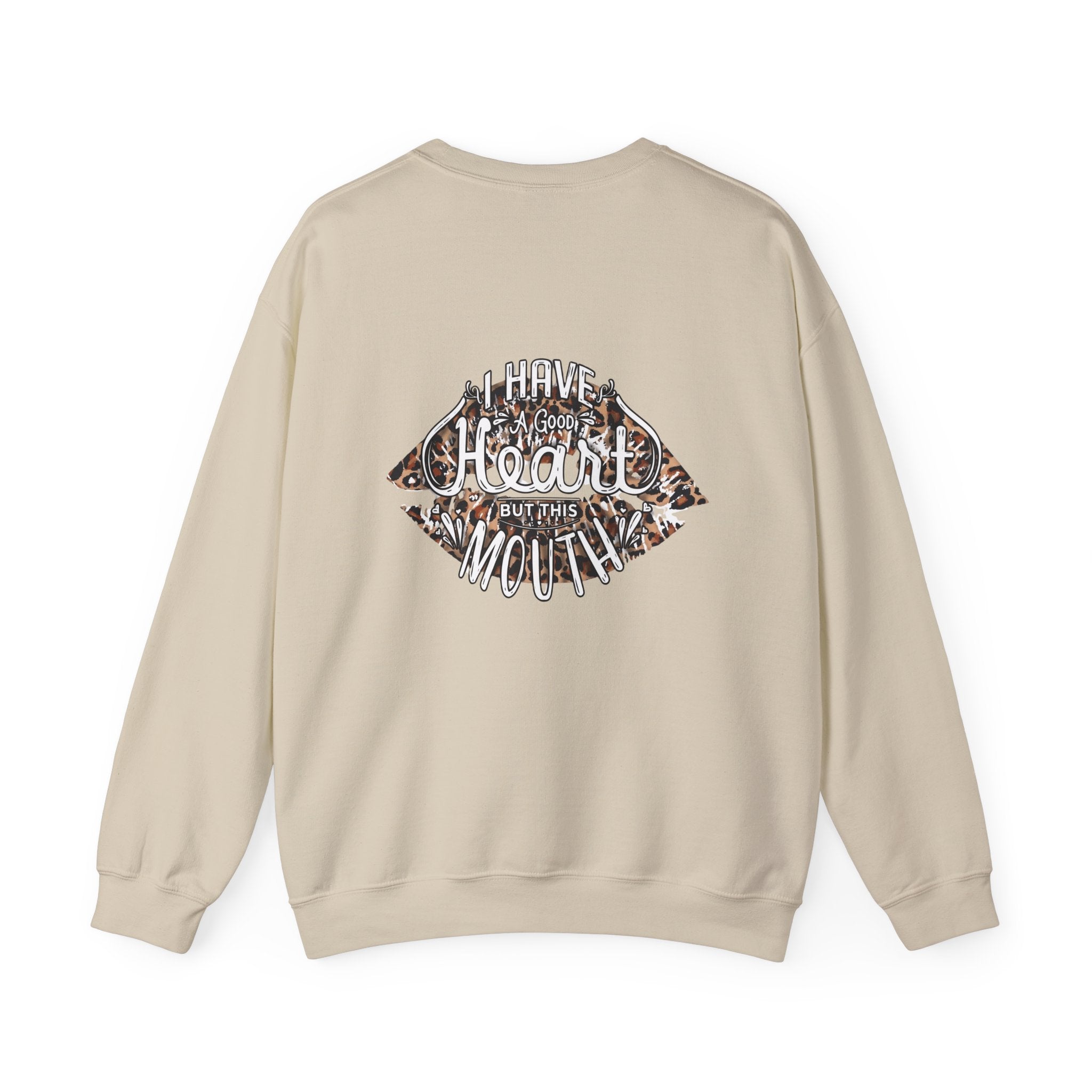 Kiss Graphic Sweatshirt — "I Have a Heart But This Mouth" Lip Print Crewneck