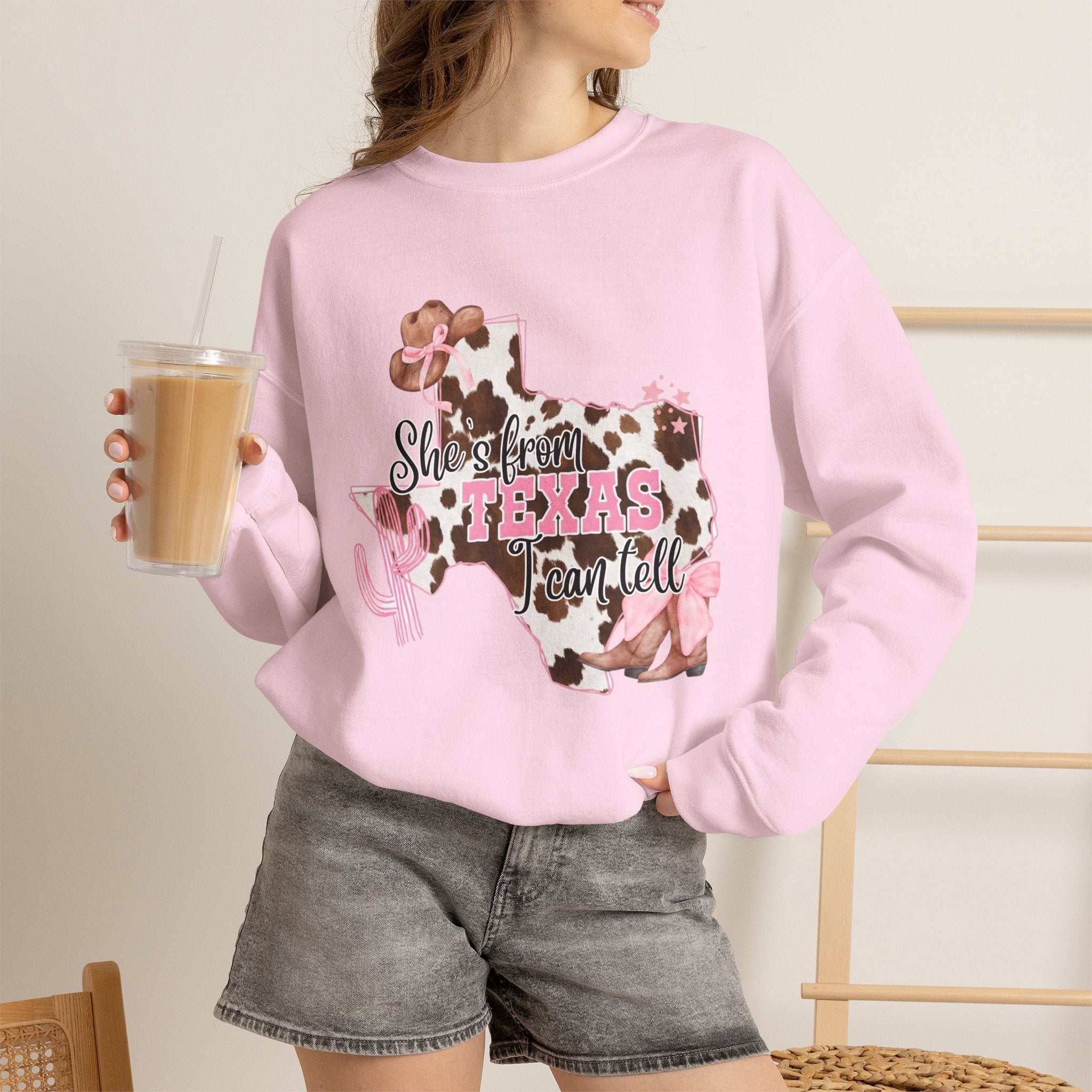 Texas Cowhide Pink Ribbon Sweatshirt - Showin' Texas Y'all Breast Cancer Awareness Crewneck